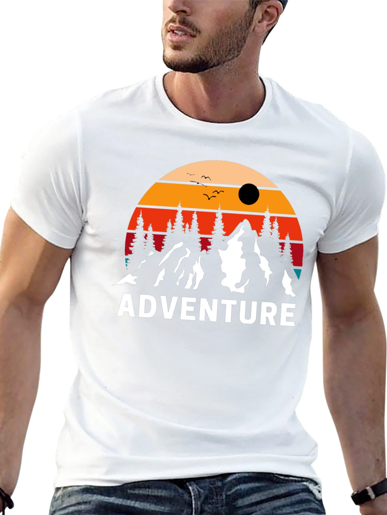 Adventure Graphic Tee: Retro Mountain Sunset Design