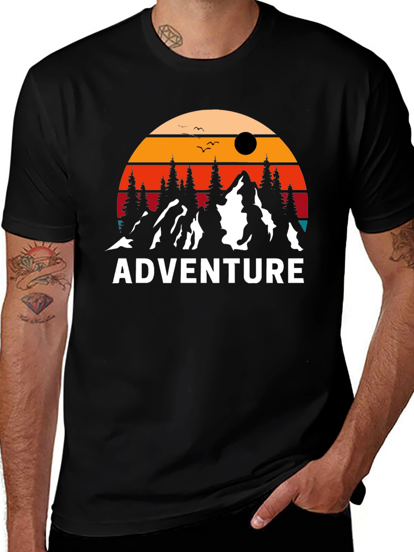 Adventure Graphic Tee: Retro Mountain Sunset Design