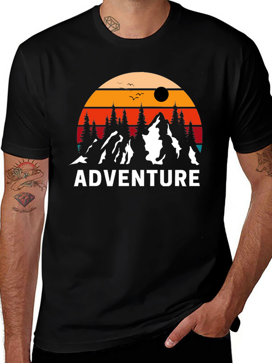 Adventure Graphic Tee: Retro Mountain Sunset Design