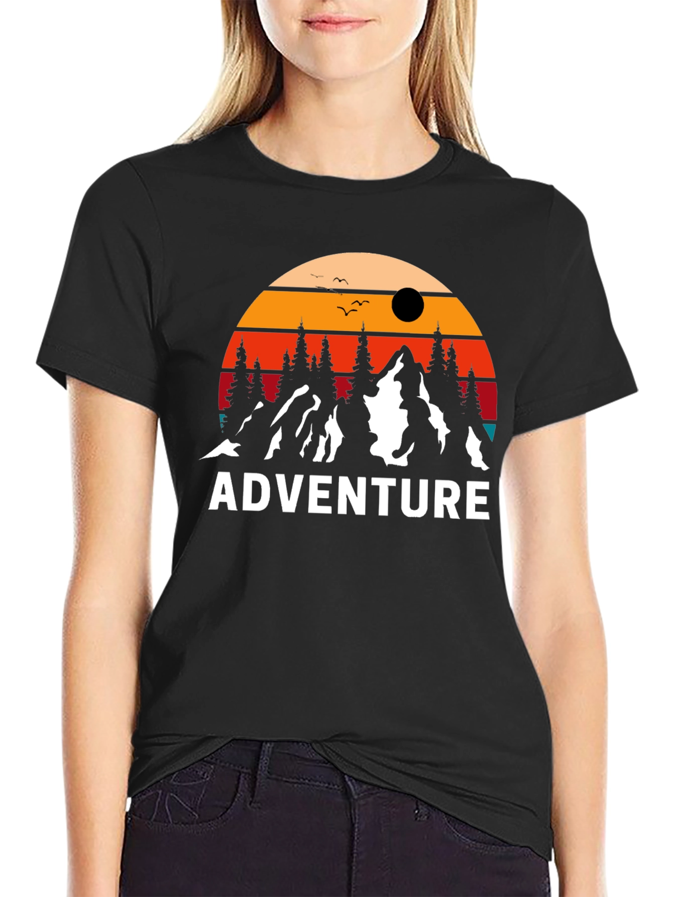 Adventure Graphic Tee: Retro Mountain Sunset Design