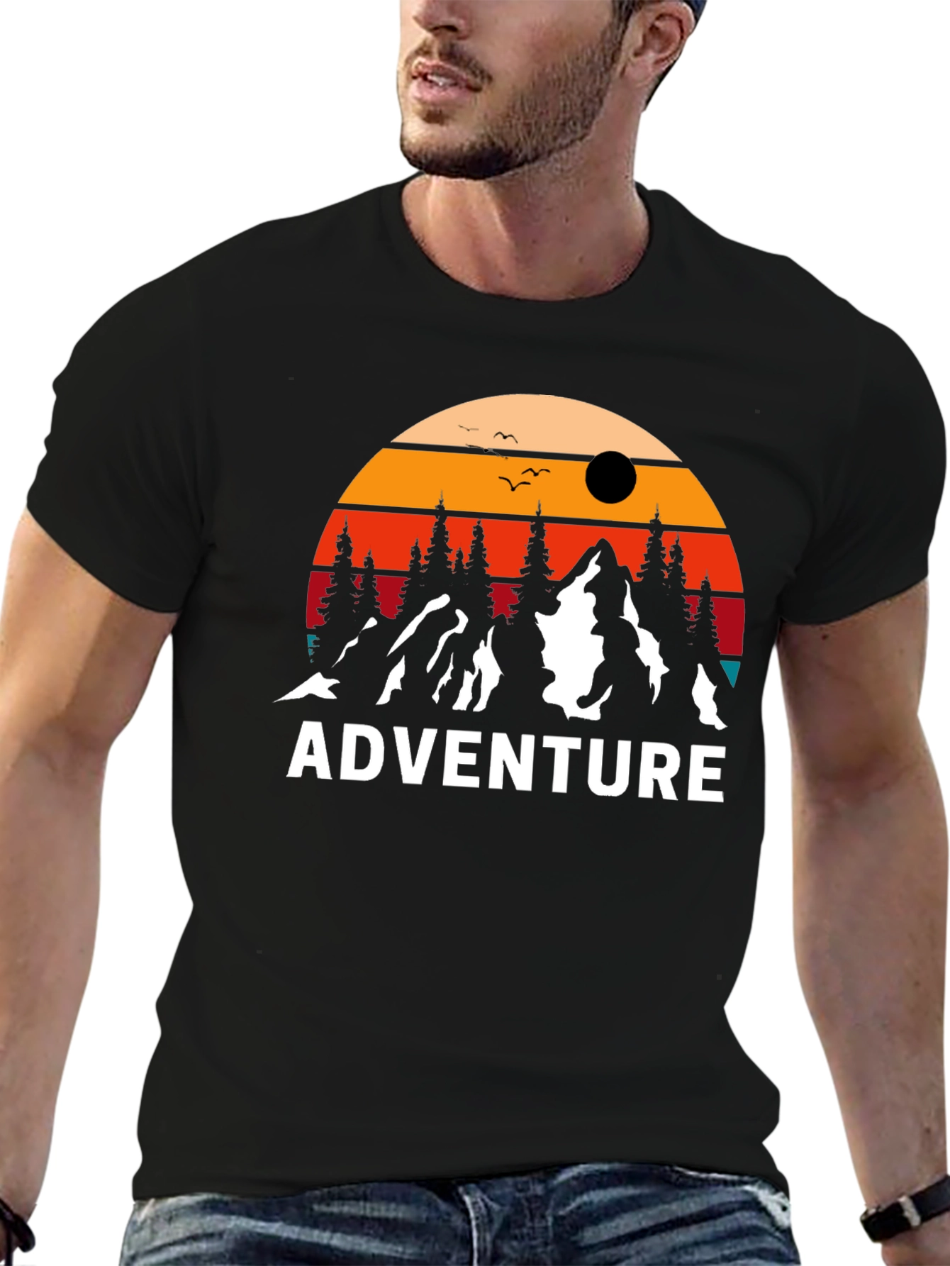 Adventure Graphic Tee: Retro Mountain Sunset Design