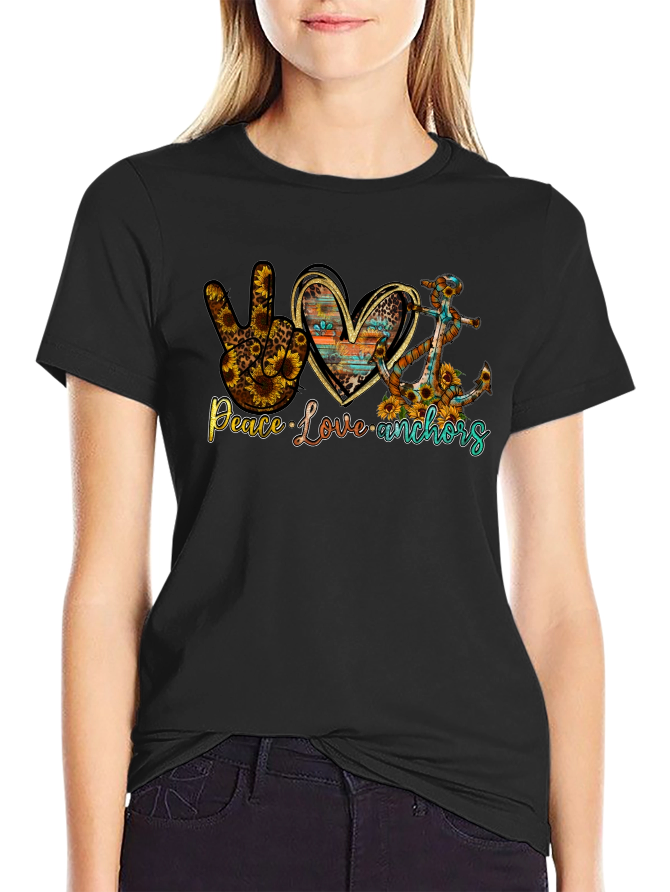 Peace Love Anchors Graphic T-Shirt - Black