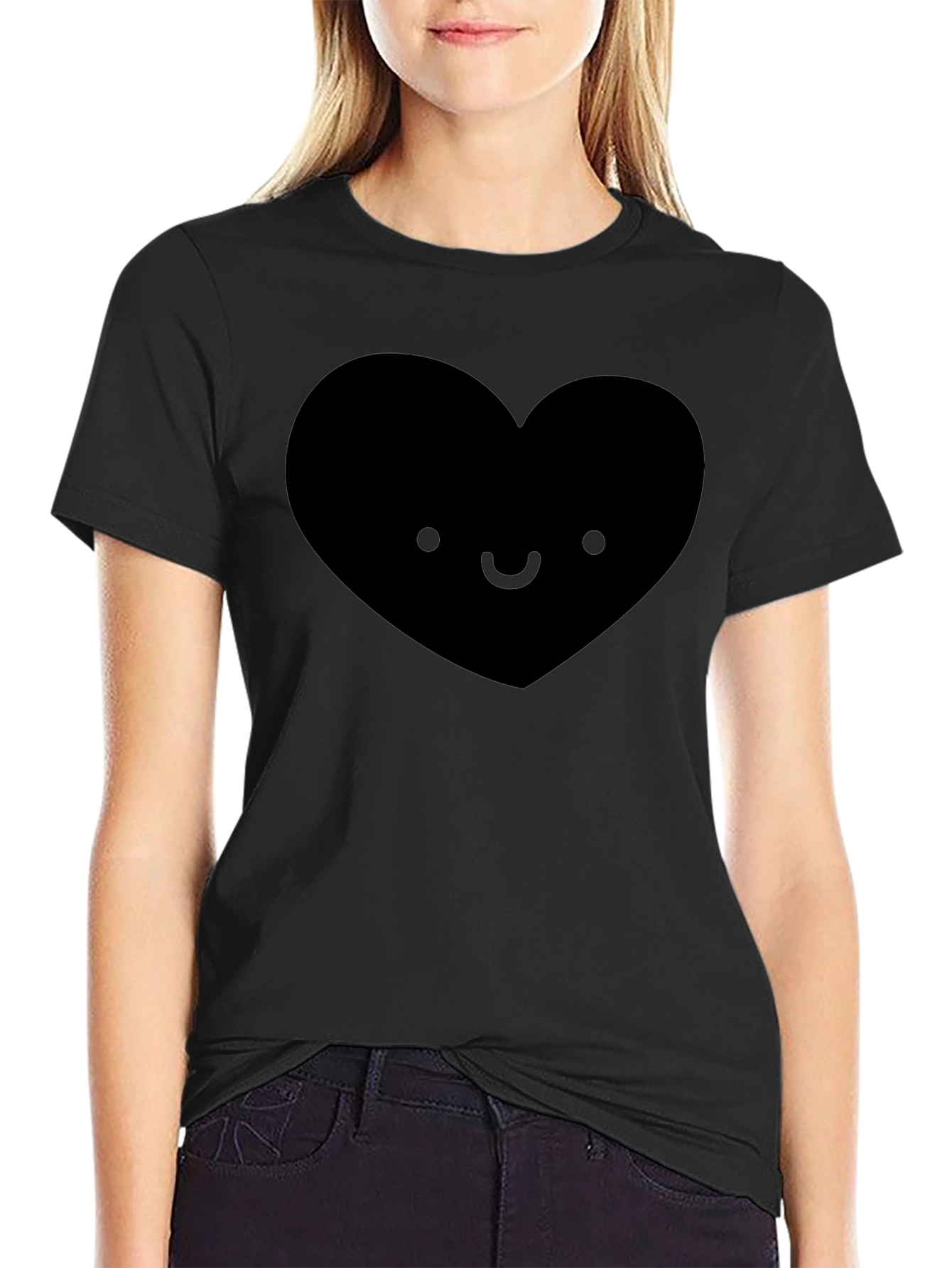 Cute Heart Face Graphic Tee - Soft Black T-Shirt