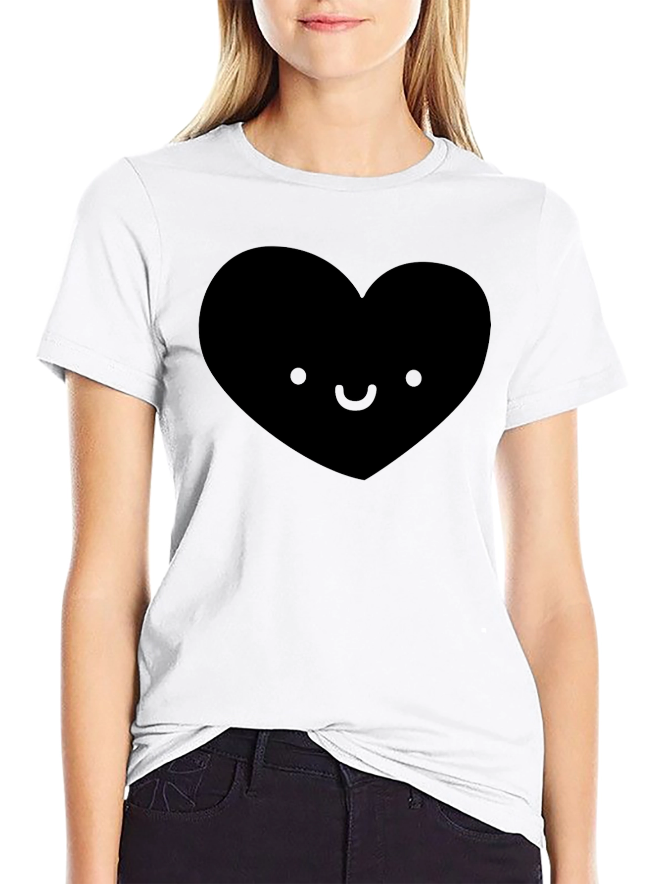 Cute Heart Face Graphic Tee - Soft Black T-Shirt