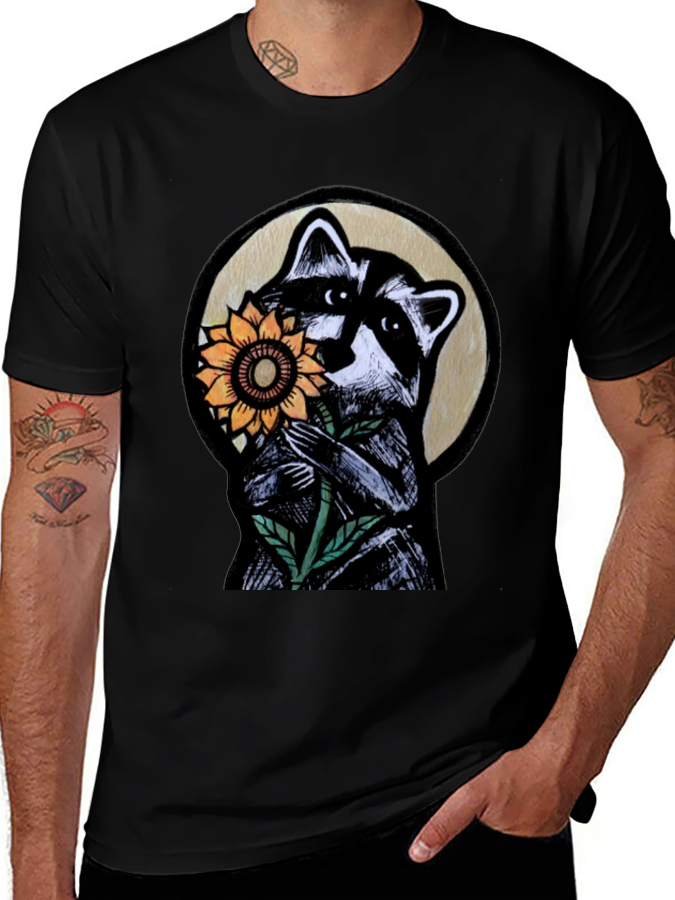 Raccoon Sunflower Graphic Tee - Black