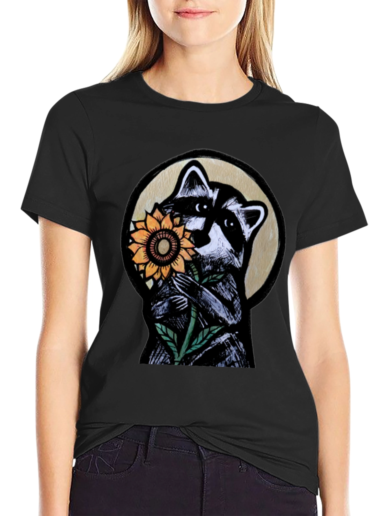 Raccoon Sunflower Graphic Tee - Black