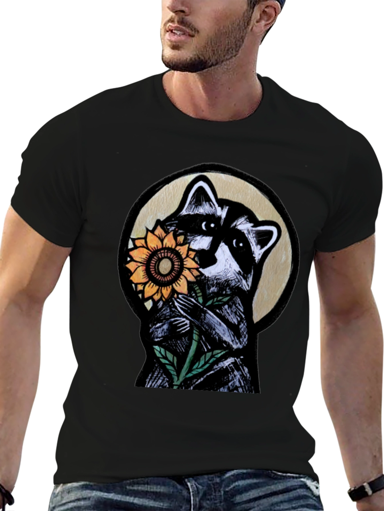 Raccoon Sunflower Graphic Tee - Black