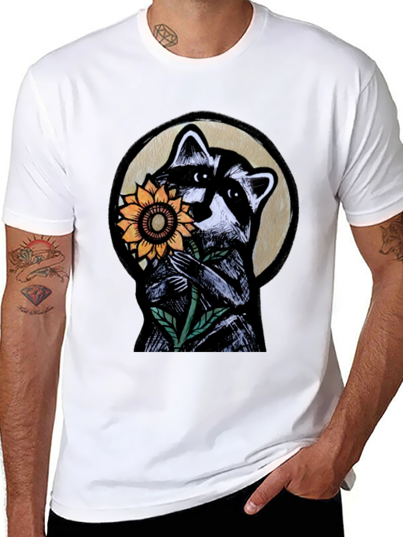 Raccoon Sunflower Graphic Tee - Black