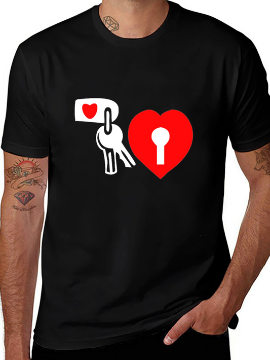 Heart Lock and Key Graphic T-Shirt - Stylish Black Tee