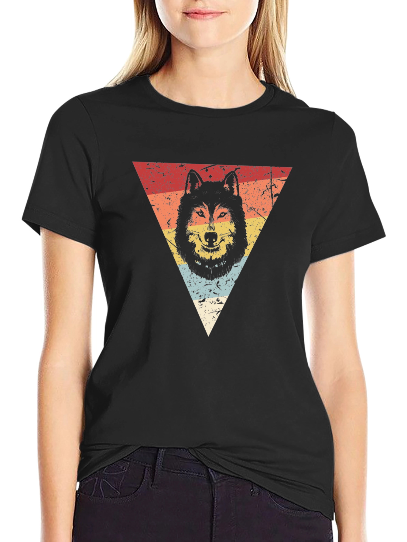 Retro Wolf Triangle Graphic Tee - Black