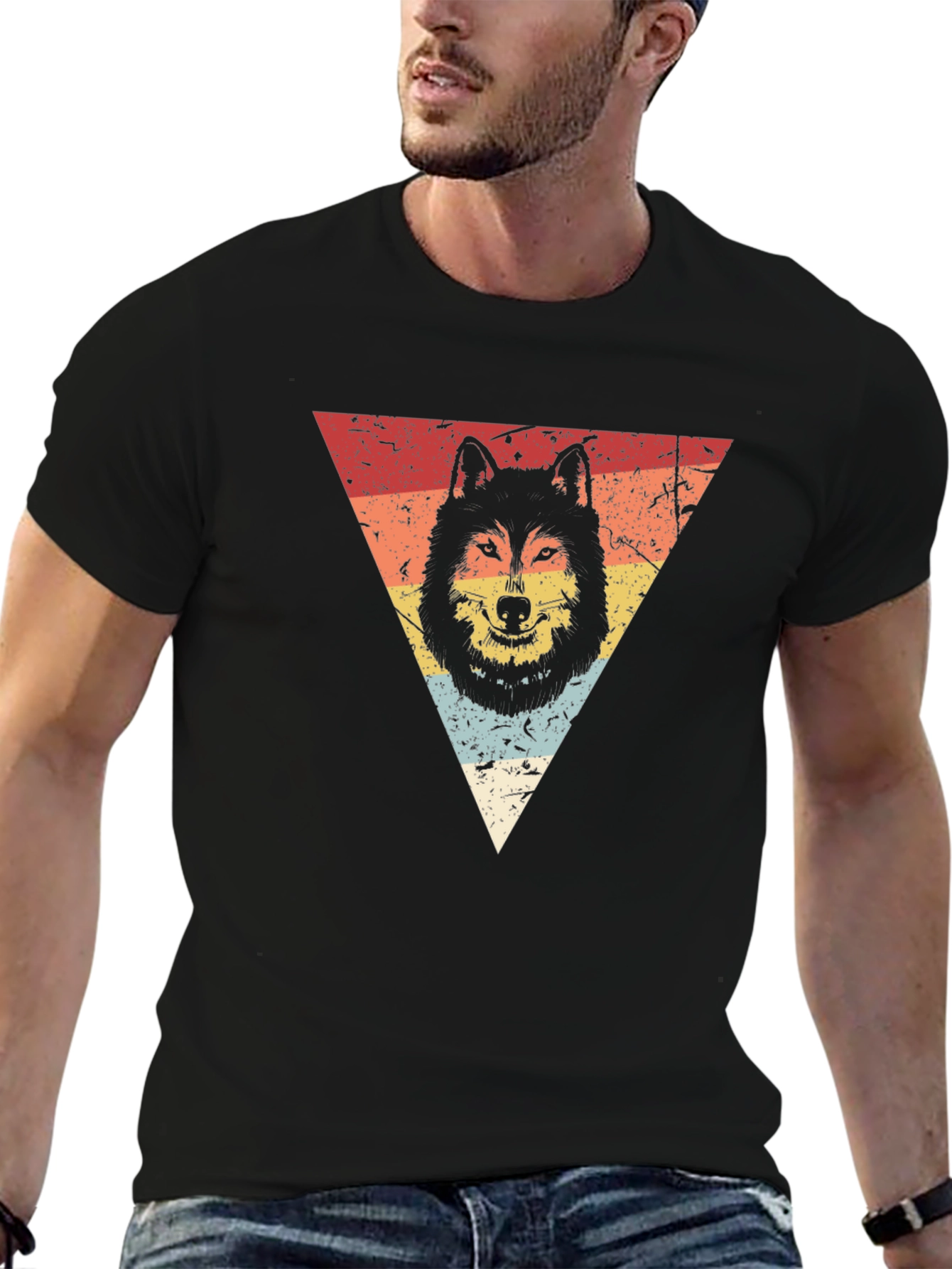 Retro Wolf Triangle Graphic Tee - Black