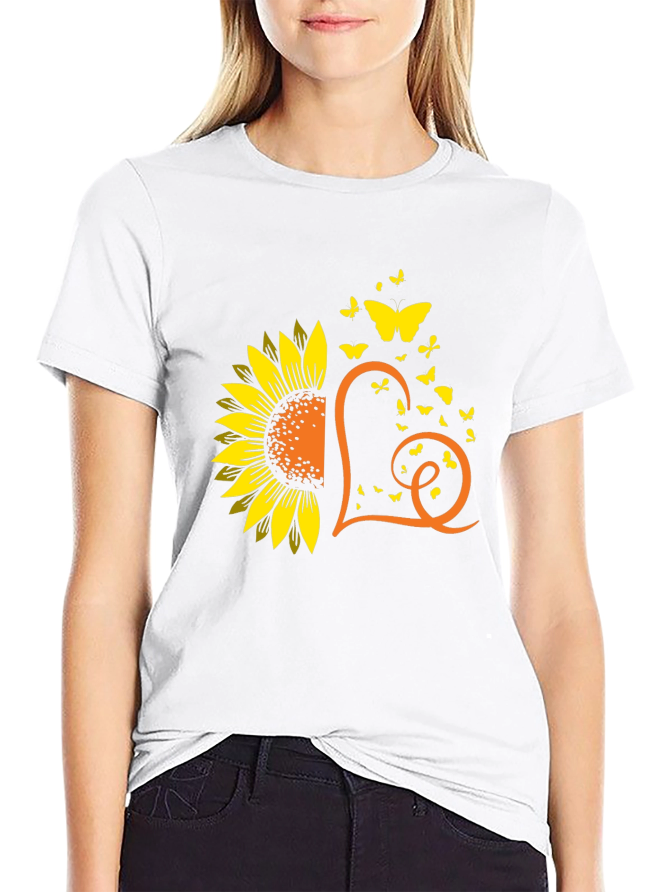 Sunflower Heart Butterfly Graphic Tee - Black