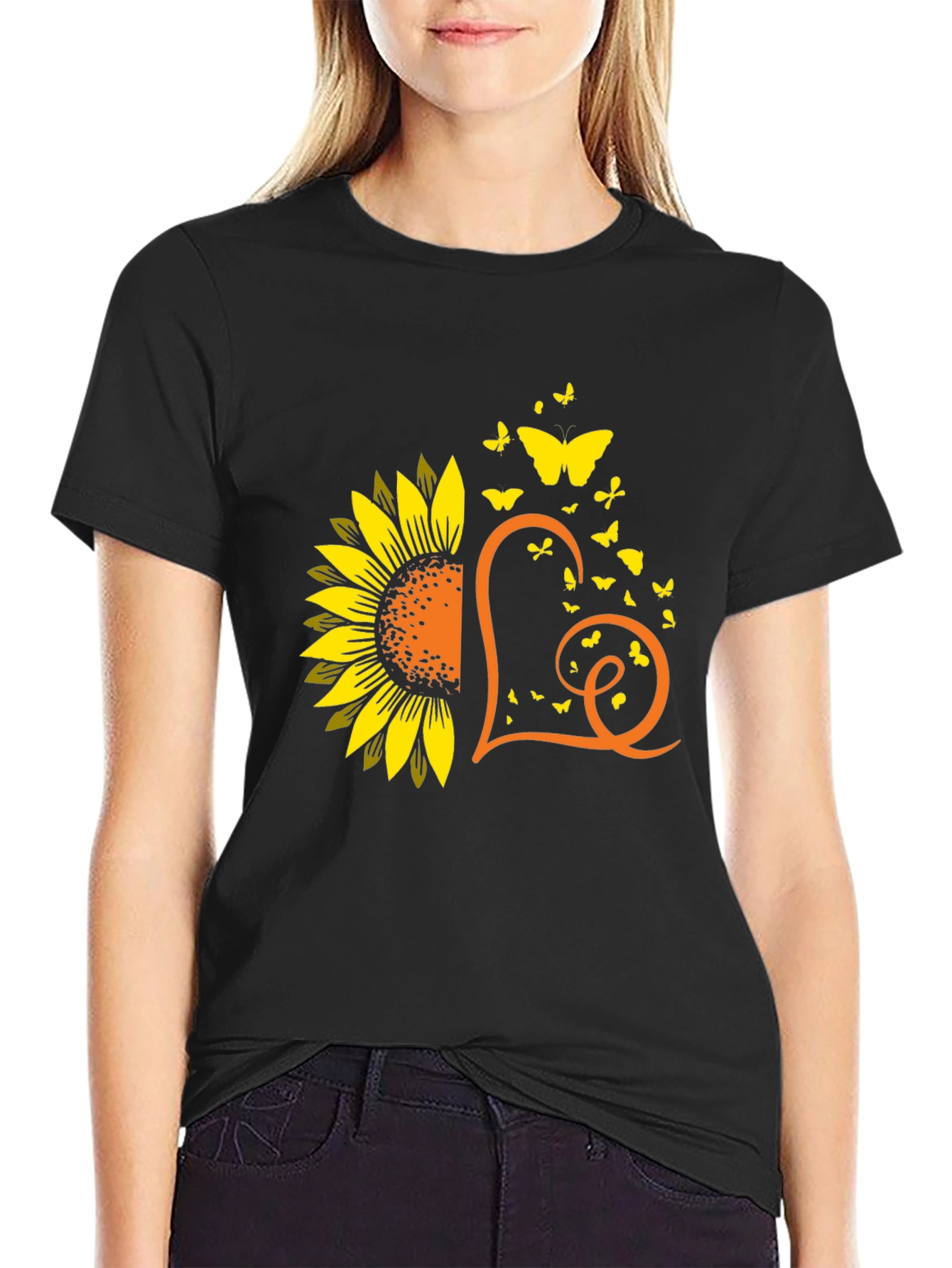 Sunflower Heart Butterfly Graphic Tee - Black