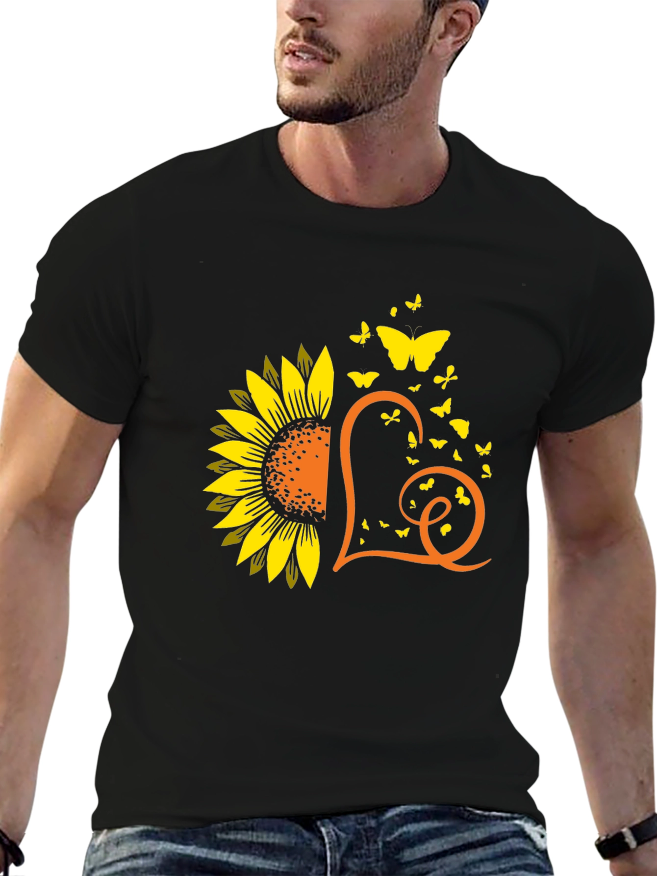 Sunflower Heart Butterfly Graphic Tee - Black