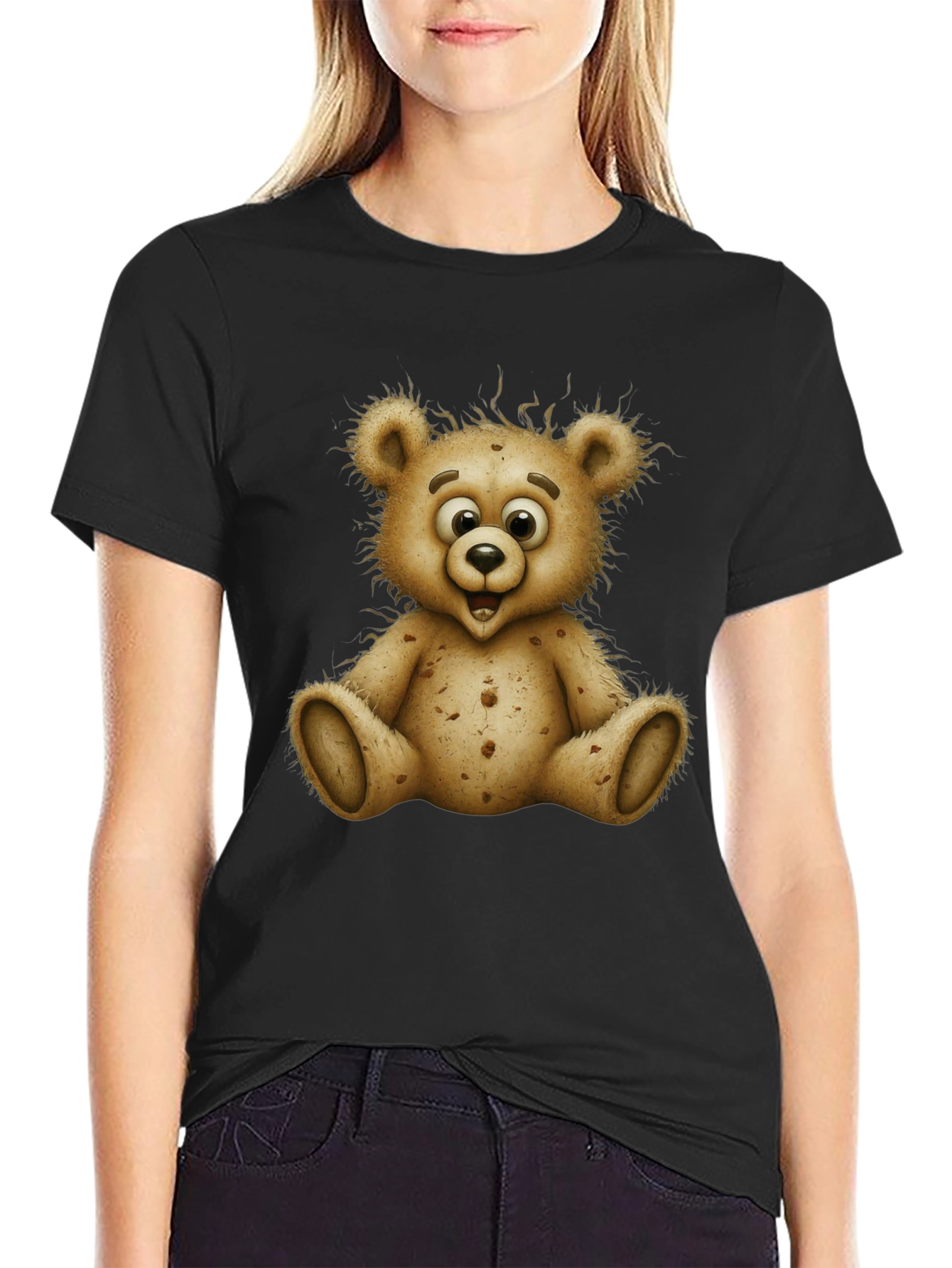 Cute Cartoon Bear Graphic Black T-Shirt