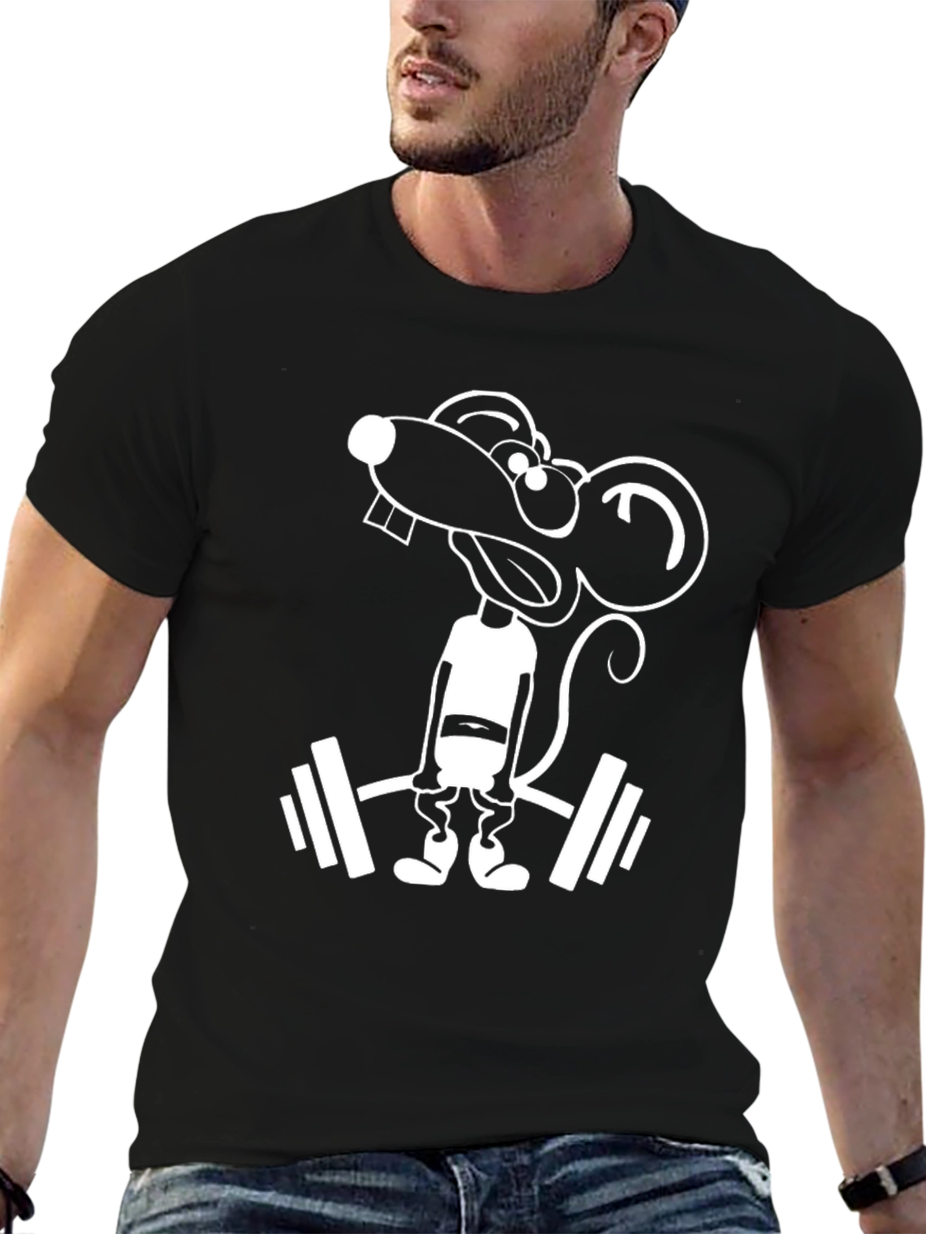 Funny Rat Lifting Weights Black T-Shirt