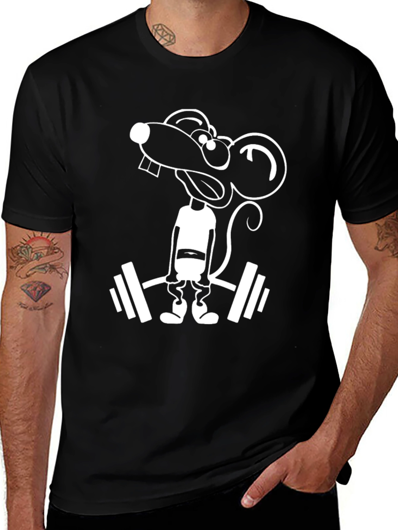 Funny Rat Lifting Weights Black T-Shirt