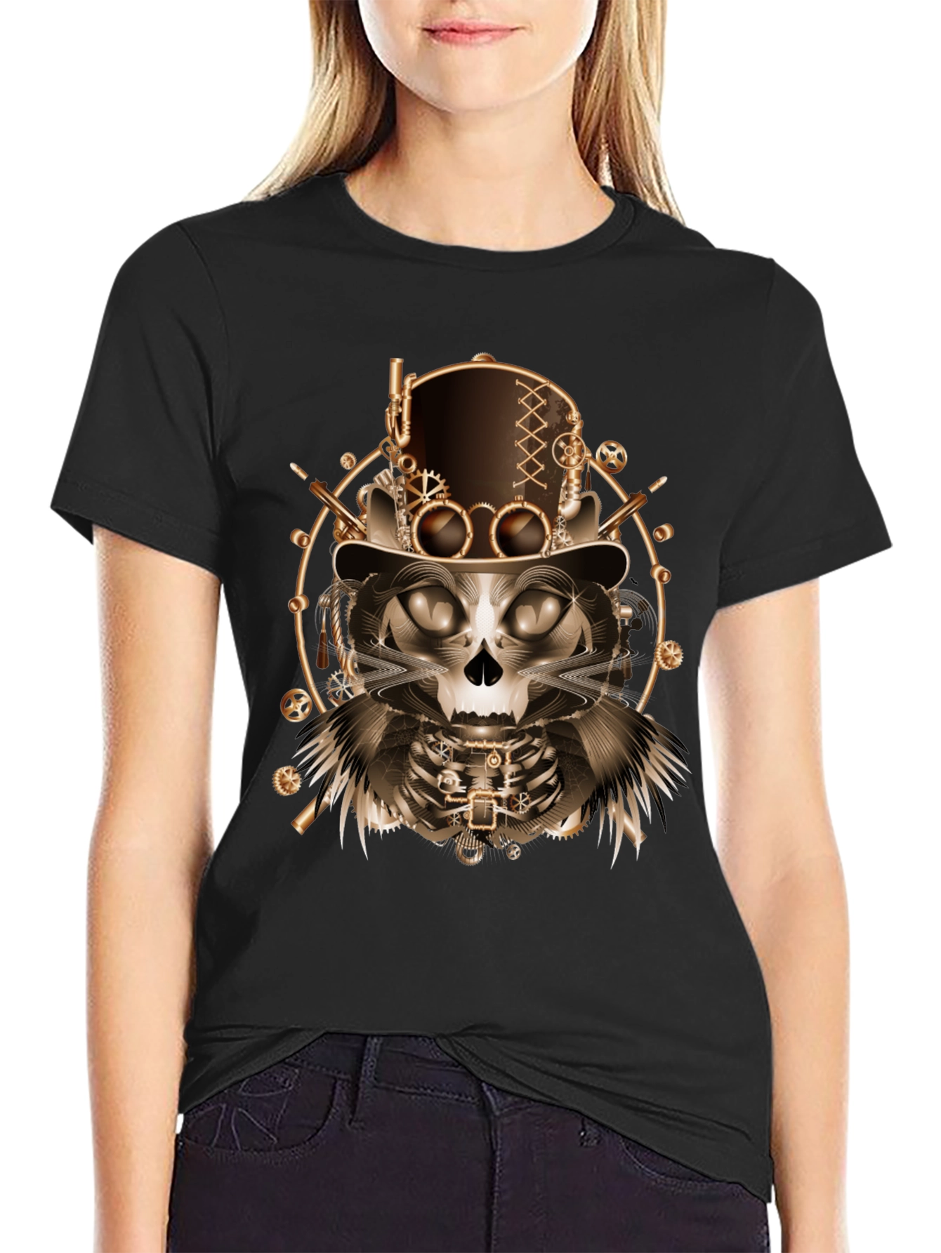 Steampunk Cat Skull T-Shirt - Unique Gothic Design