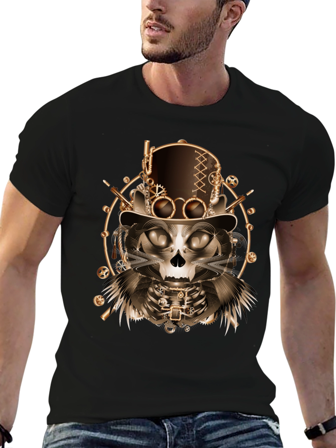 Steampunk Cat Skull T-Shirt - Unique Gothic Design