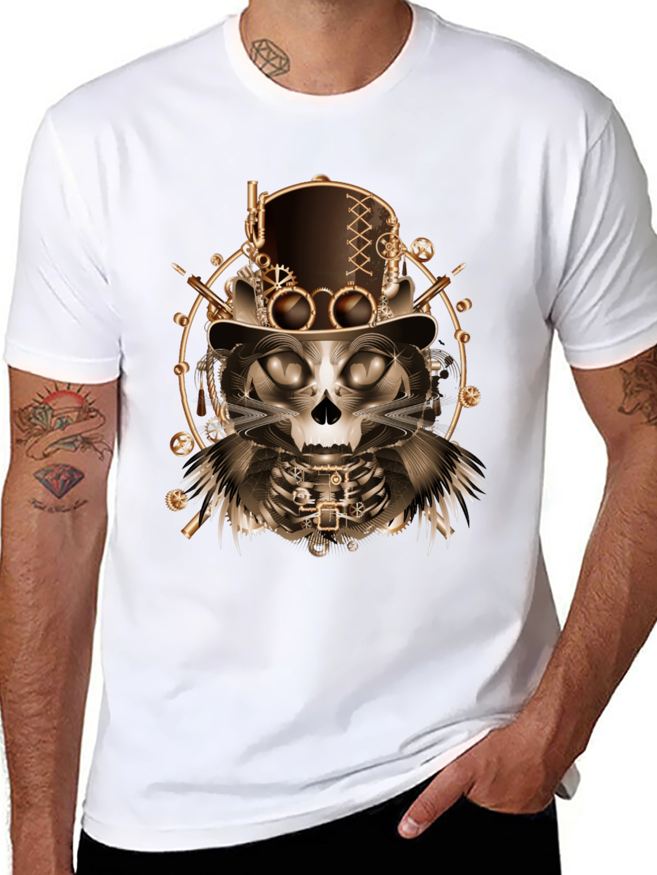 Steampunk Cat Skull T-Shirt - Unique Gothic Design