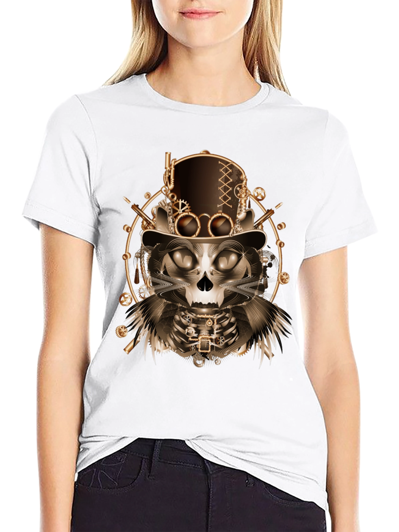 Steampunk Cat Skull T-Shirt - Unique Gothic Design