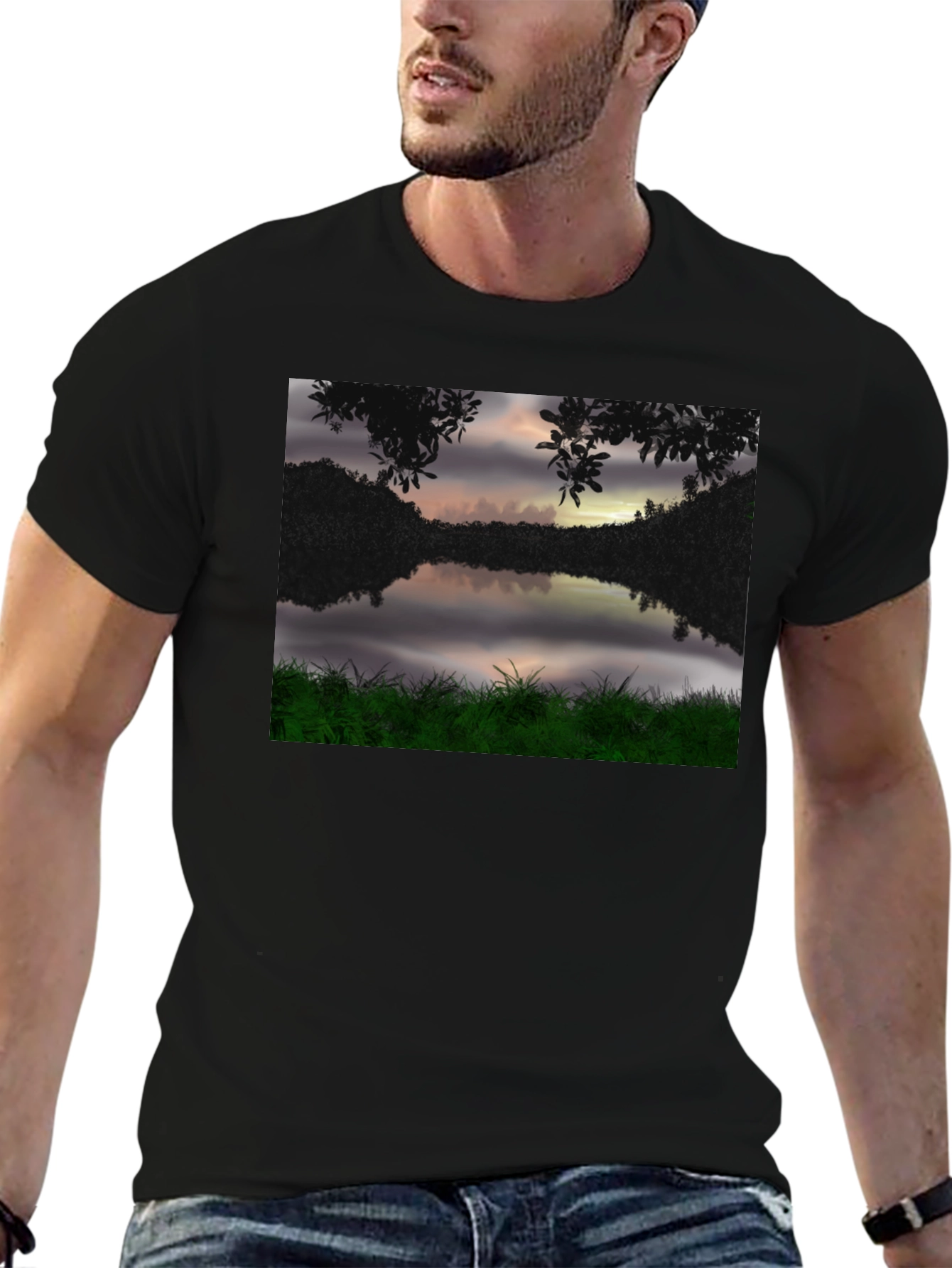 Nature Lake Scene Black T-Shirt