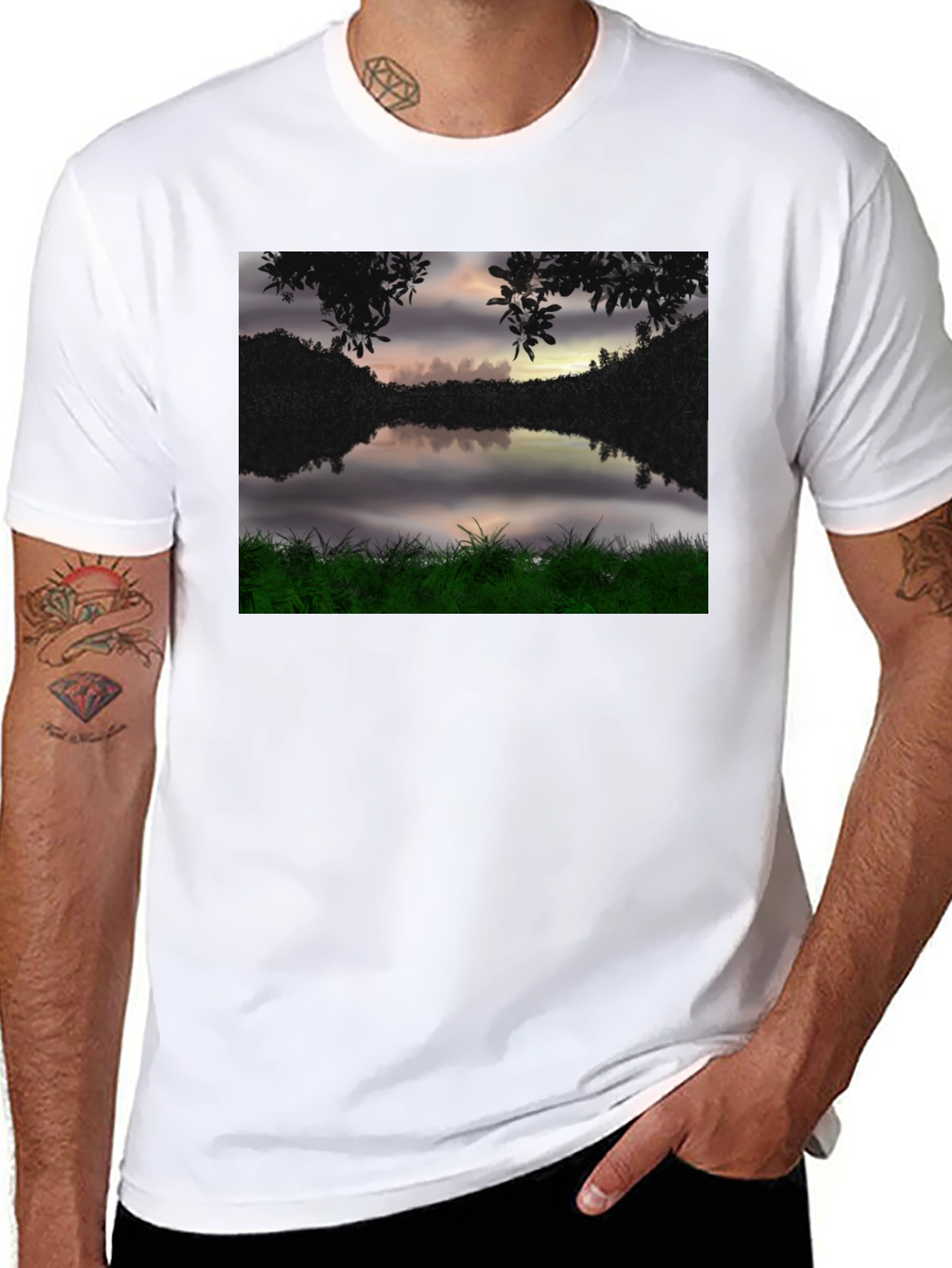 Nature Lake Scene Black T-Shirt