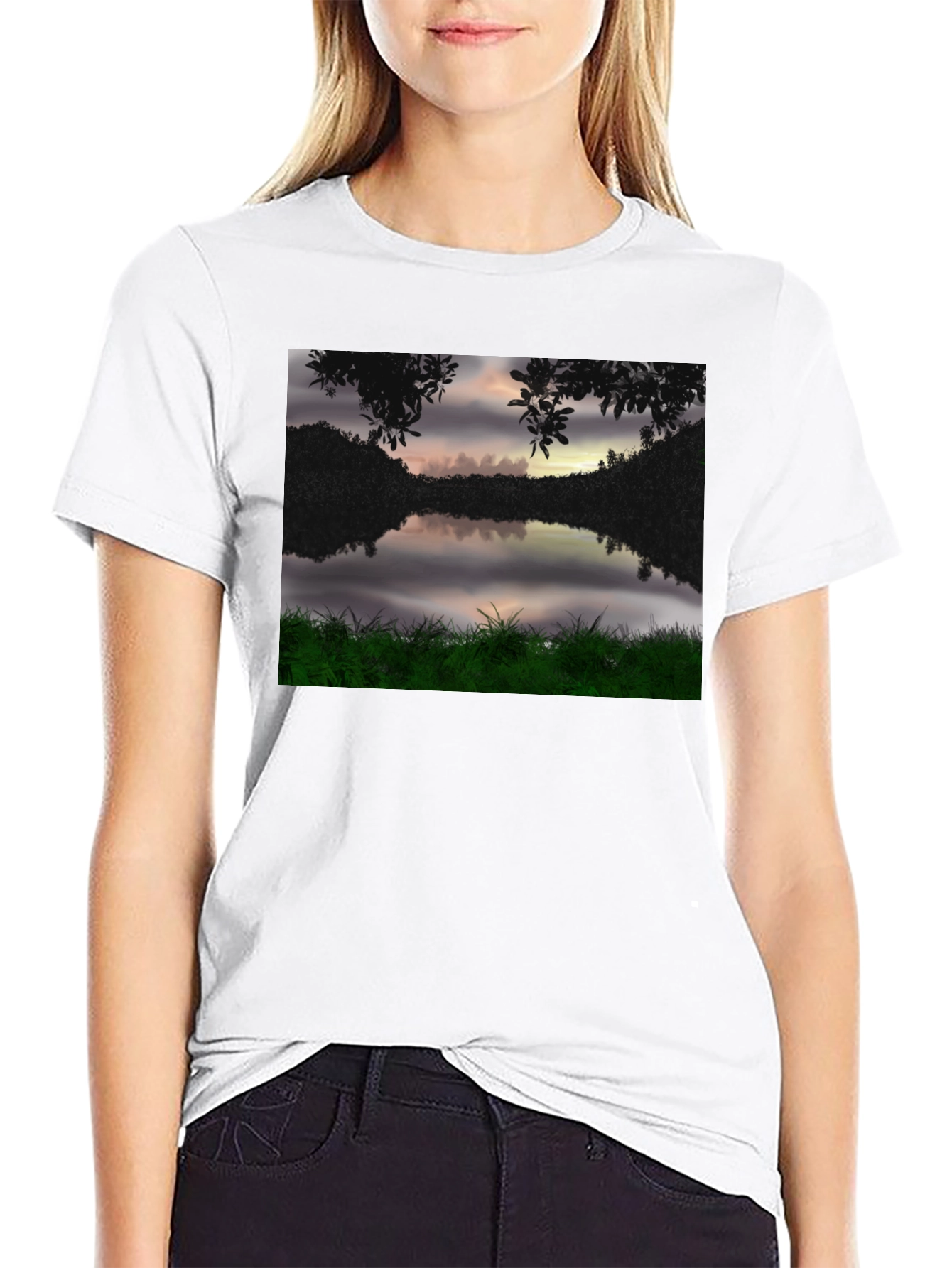 Nature Lake Scene Black T-Shirt