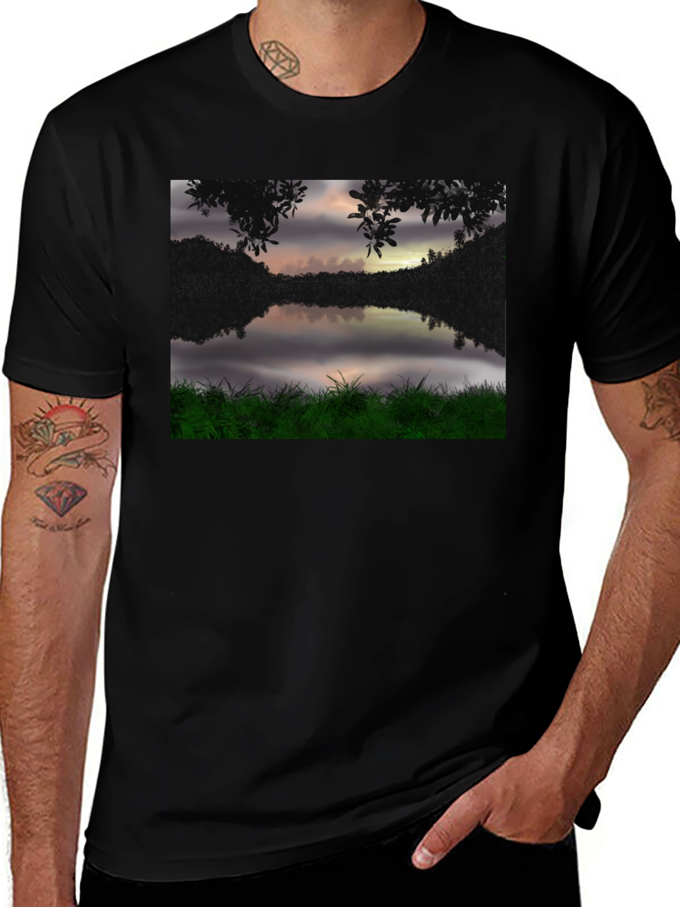 Nature Lake Scene Black T-Shirt