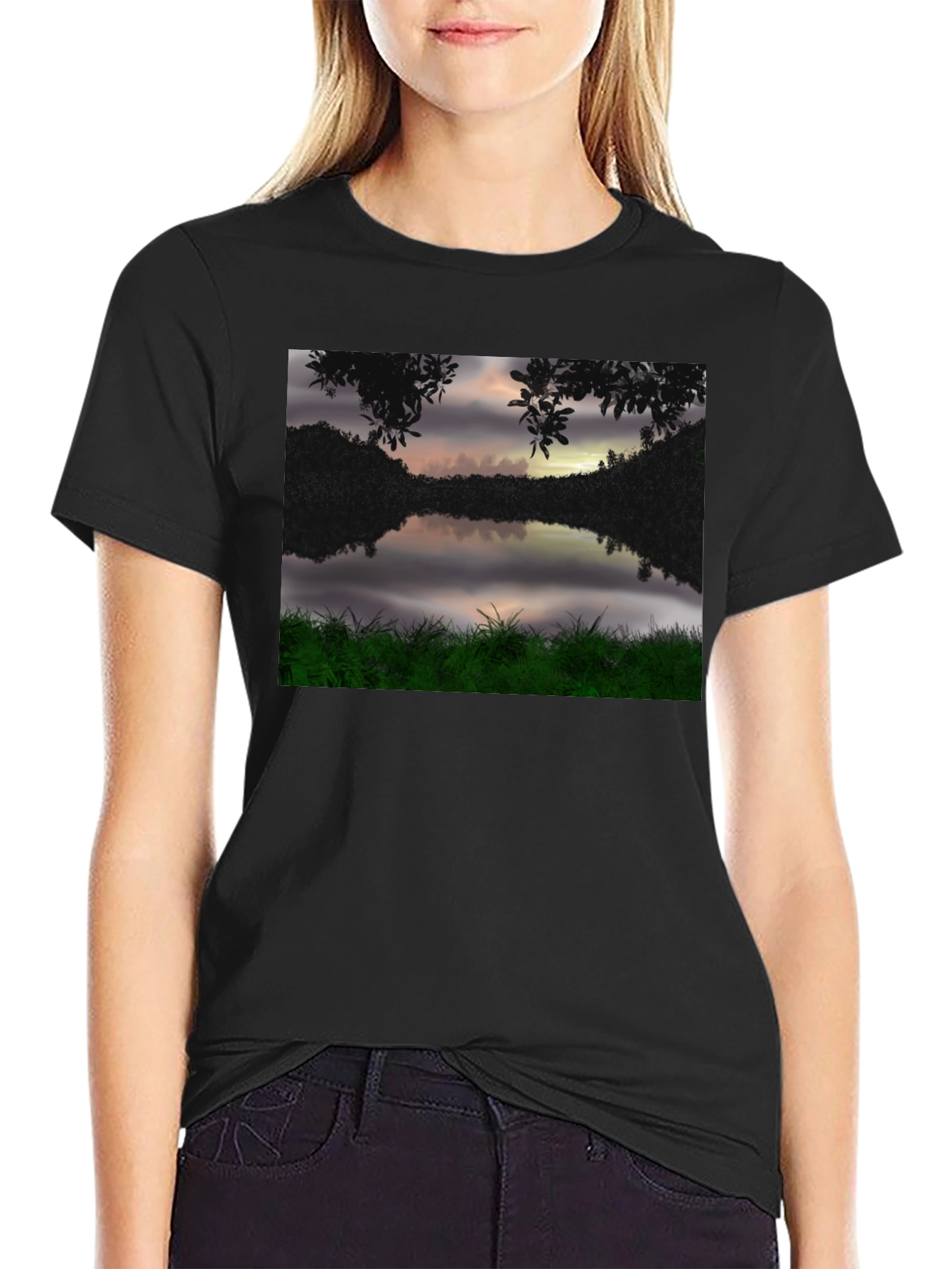 Nature Lake Scene Black T-Shirt