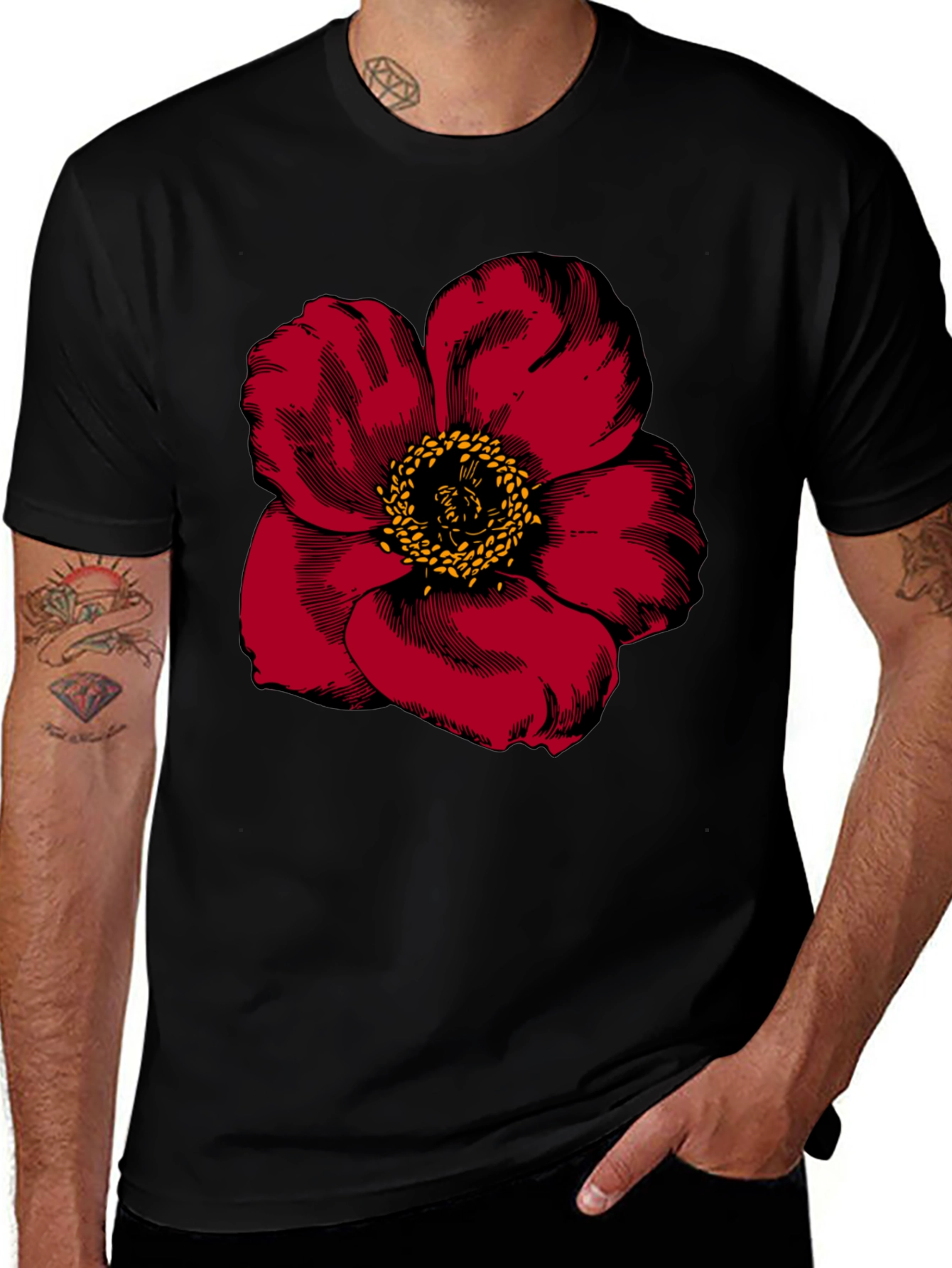Bold Red Flower Graphic Tee - Mens Black T-Shirt