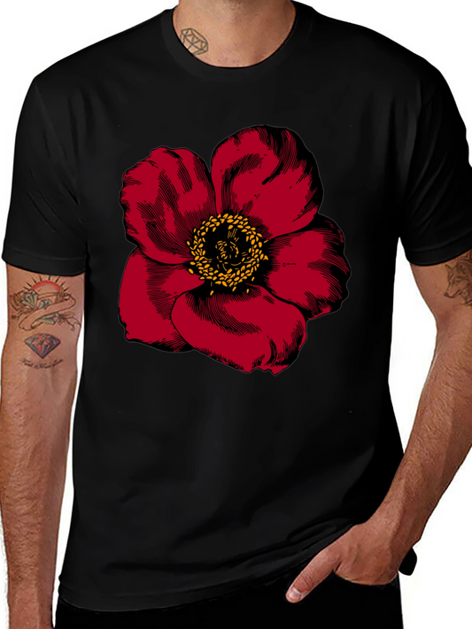 Bold Red Flower Graphic Tee - Mens Black T-Shirt