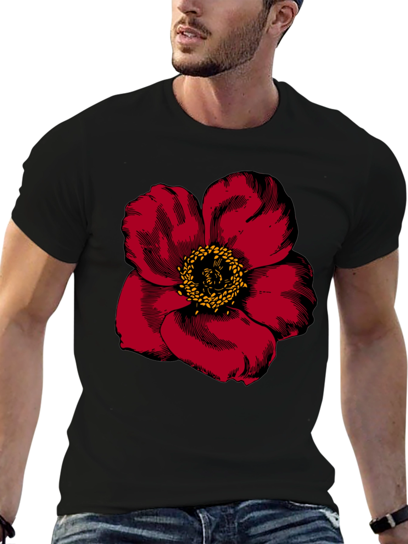 Bold Red Flower Graphic Tee - Mens Black T-Shirt