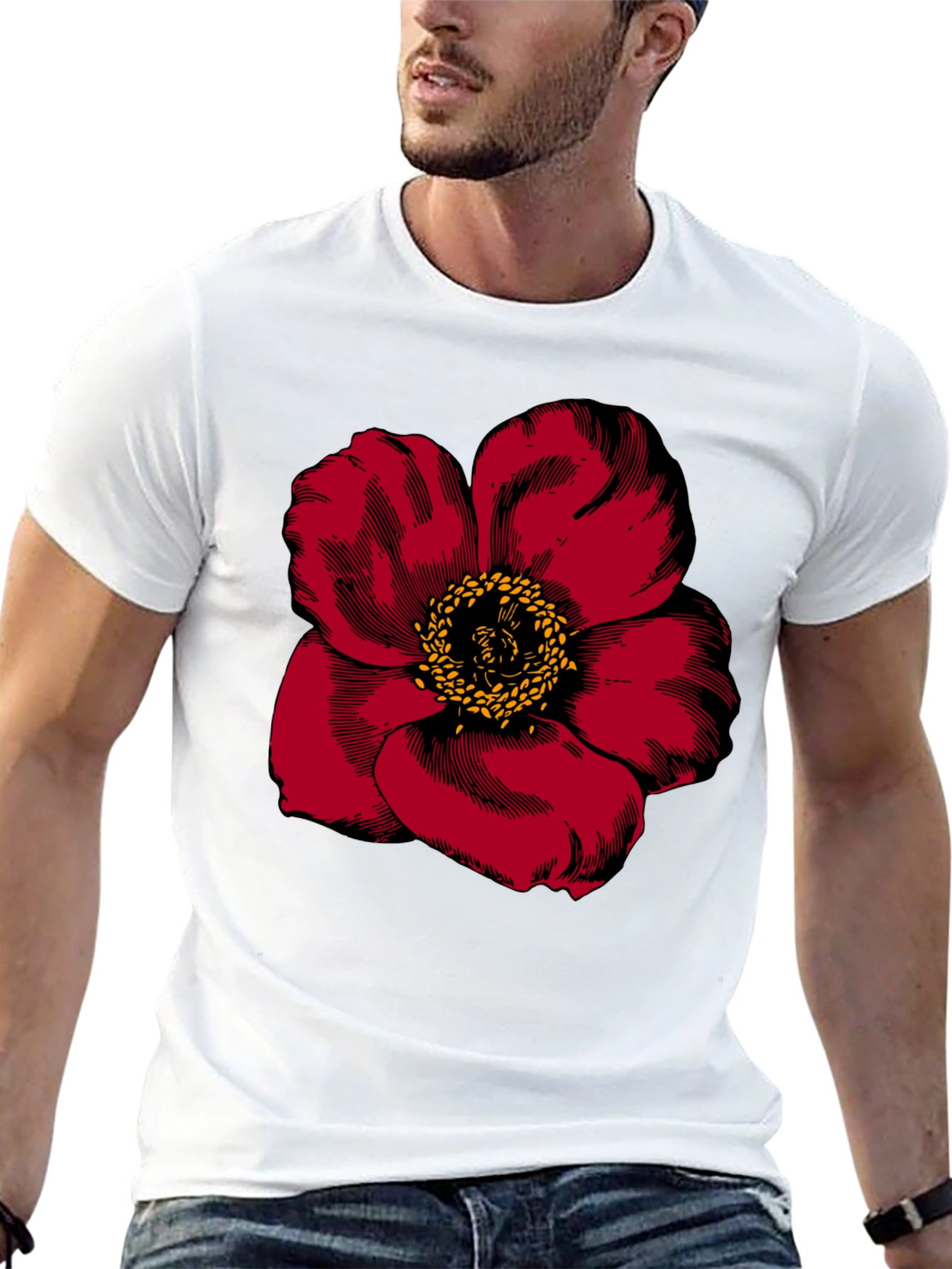 Bold Red Flower Graphic Tee - Mens Black T-Shirt