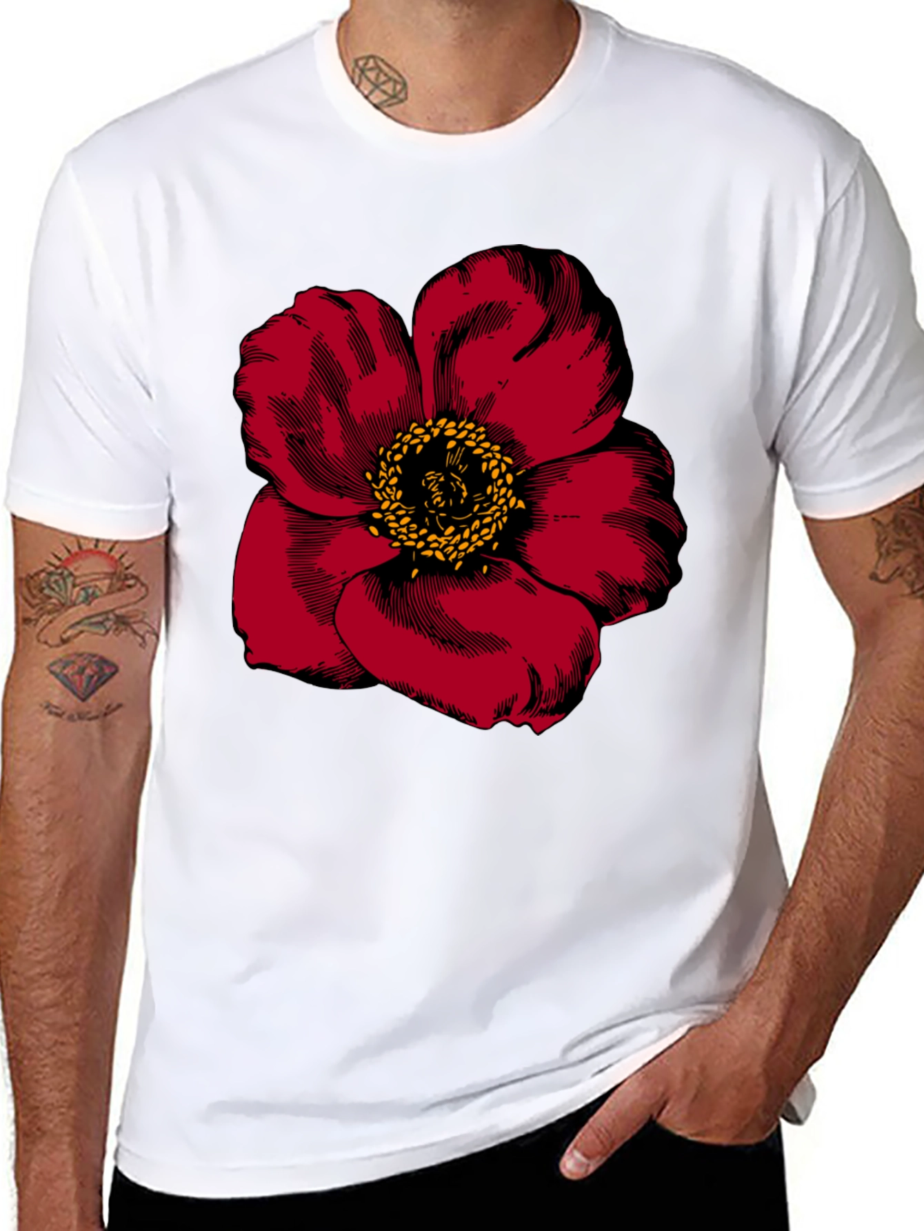 Bold Red Flower Graphic Tee - Mens Black T-Shirt