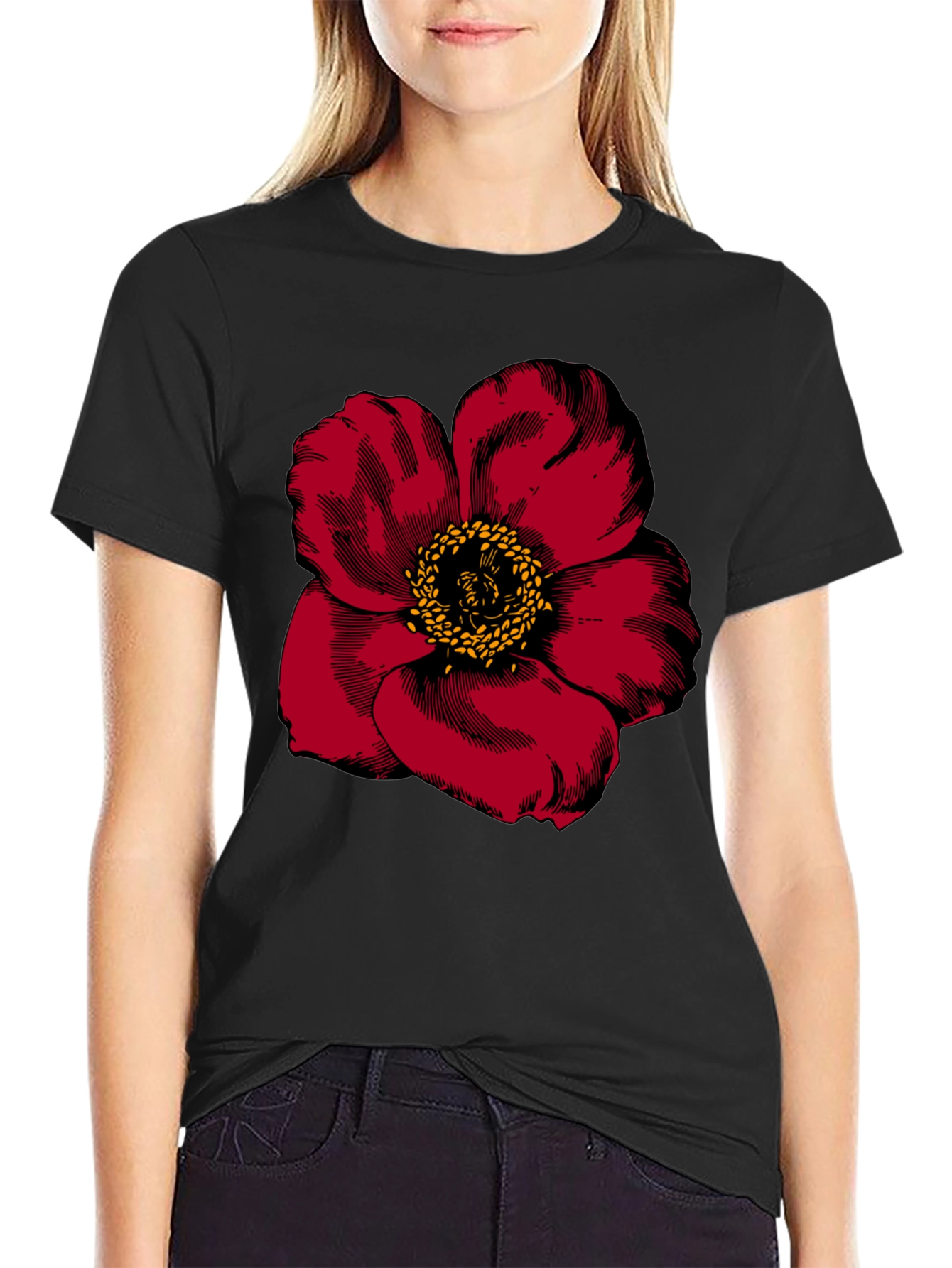 Bold Red Flower Graphic Tee - Mens Black T-Shirt