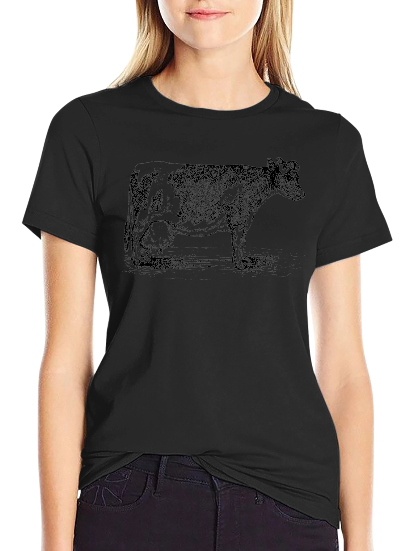 Black T-Shirt with Cow Graphic Print