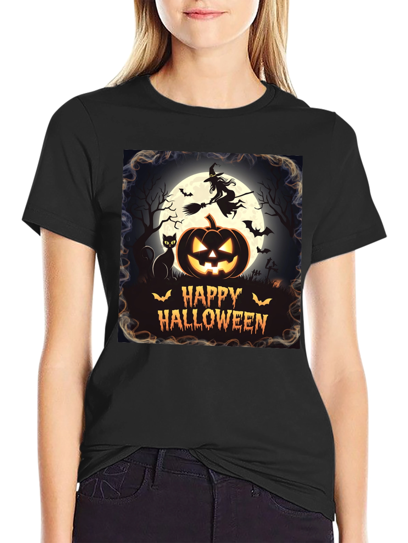 Halloween T-Shirt Witch Cat Pumpkin Design