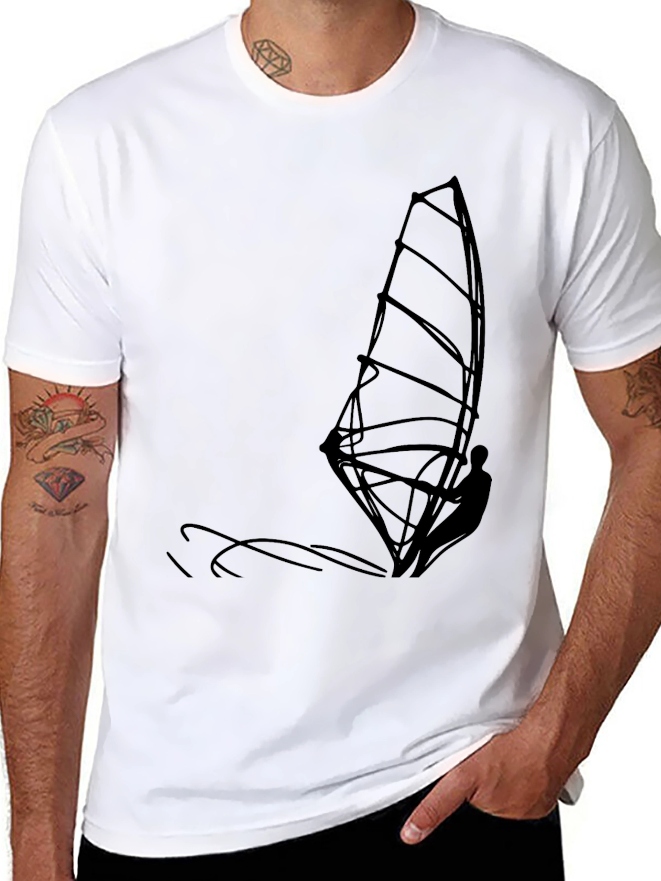 Mens Black T-Shirt with Windsurfer Graphic