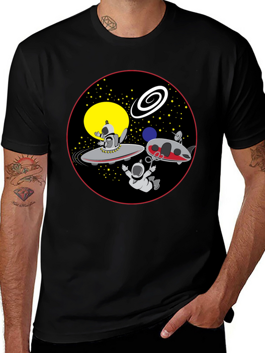 Space Cartoon Graphic Tee - Black Cotton Shirt