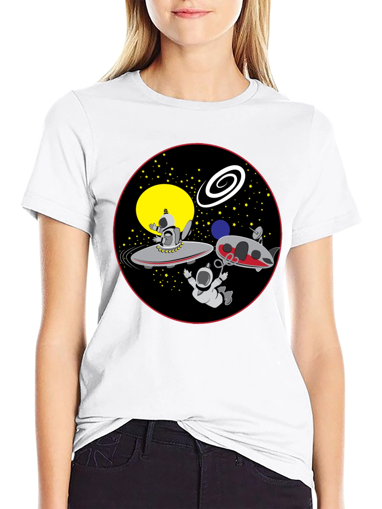 Space Cartoon Graphic Tee - Black Cotton Shirt