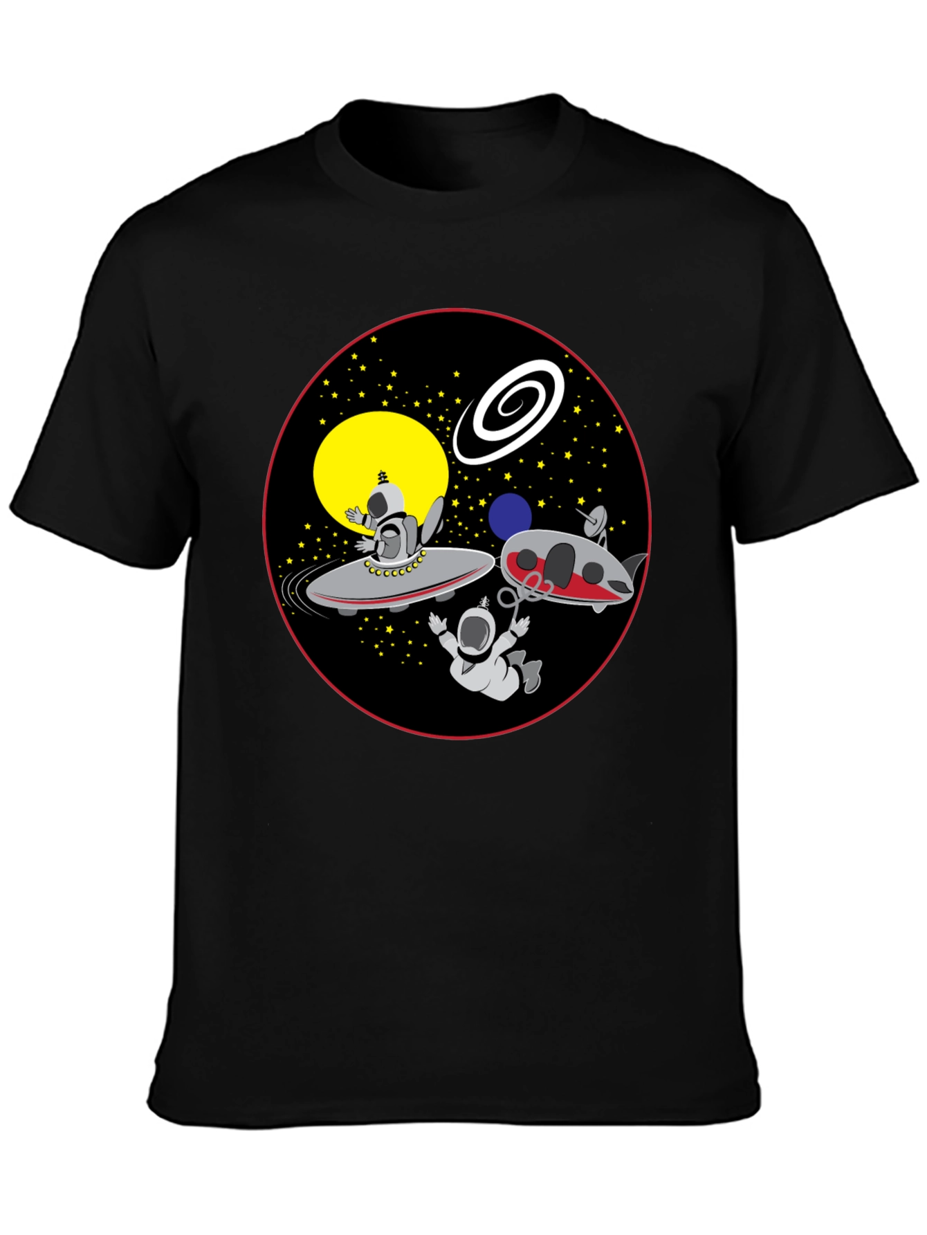 Space Cartoon Graphic Tee - Black Cotton Shirt