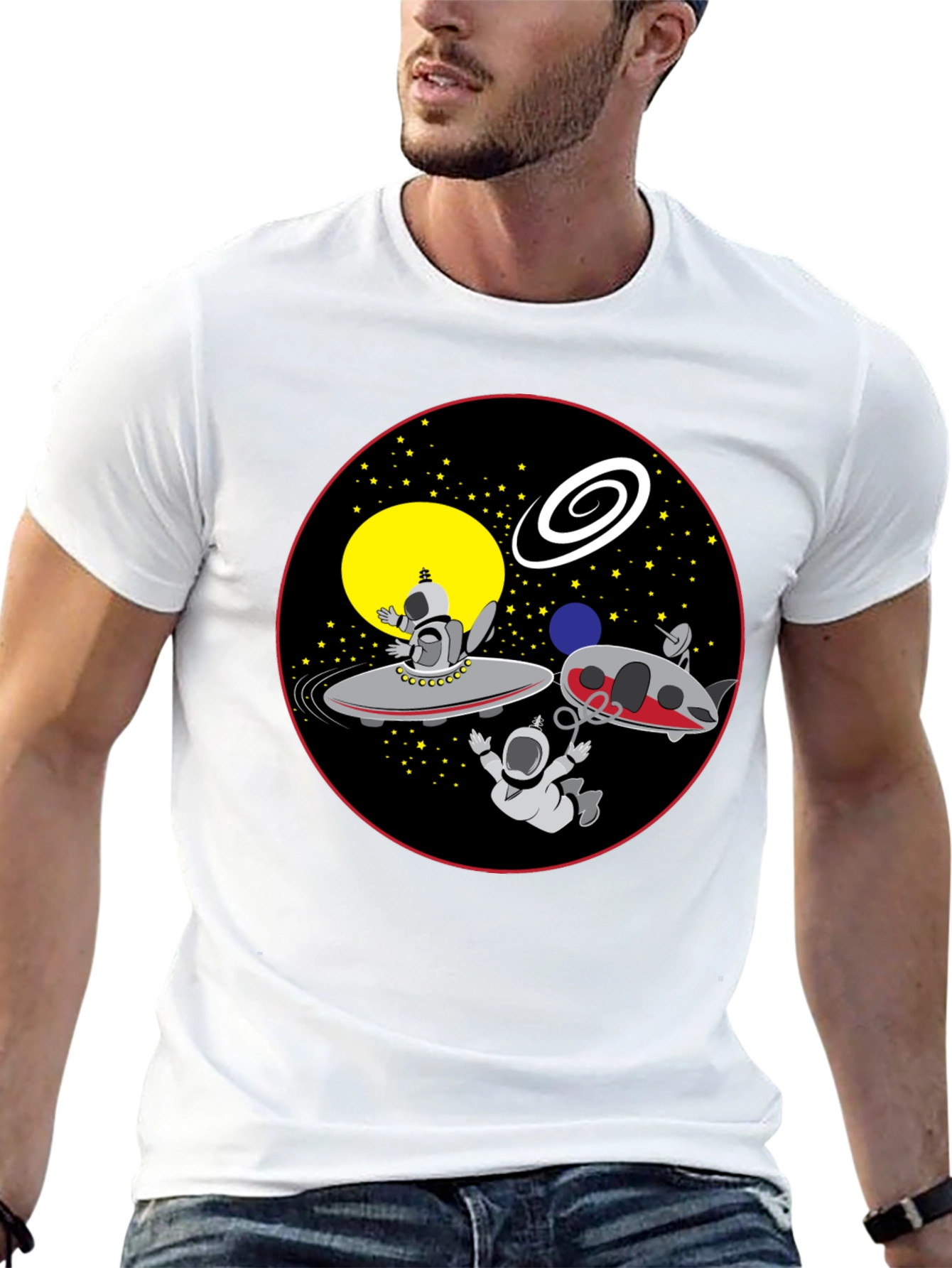 Space Cartoon Graphic Tee - Black Cotton Shirt