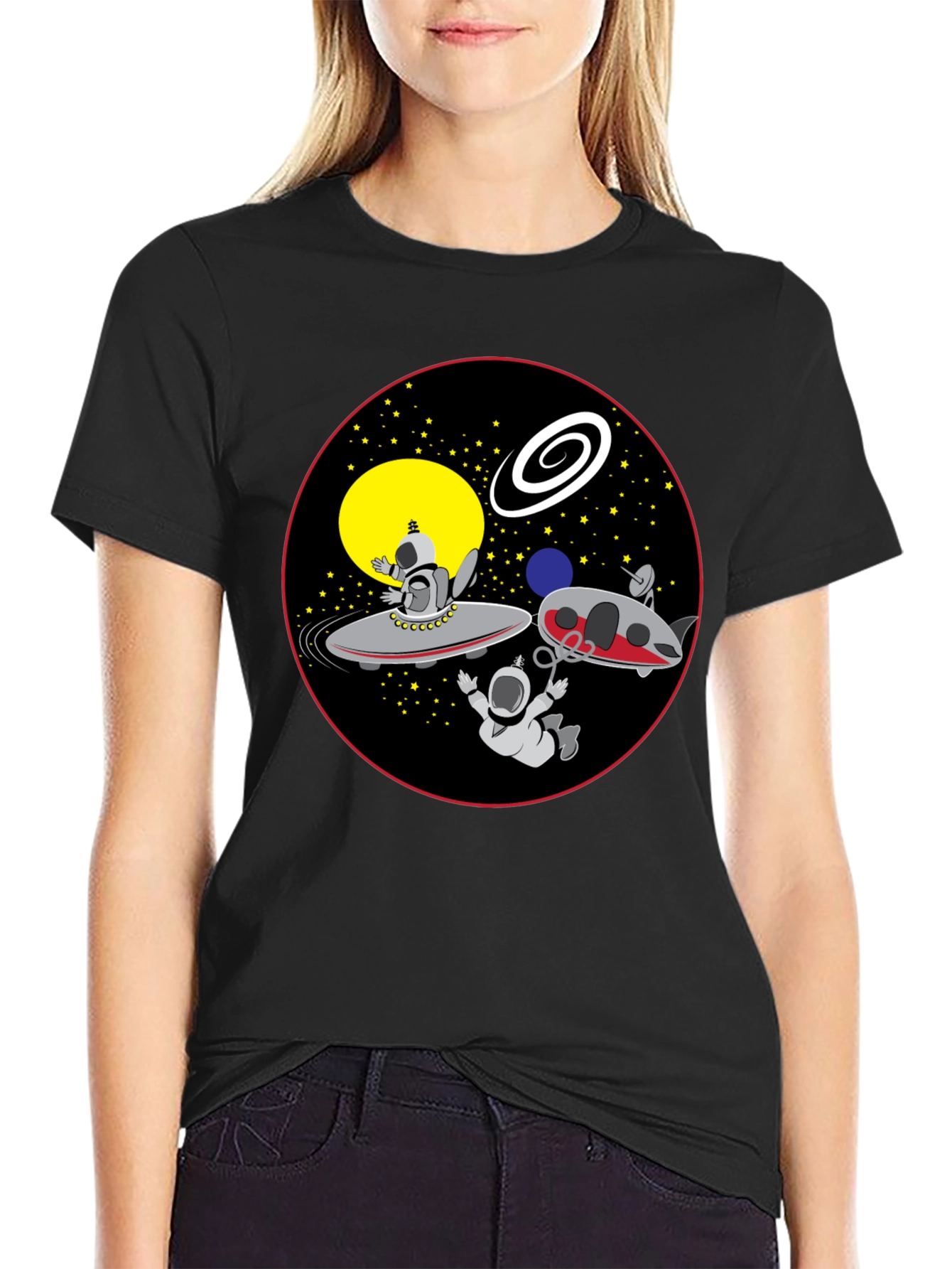 Space Cartoon Graphic Tee - Black Cotton Shirt
