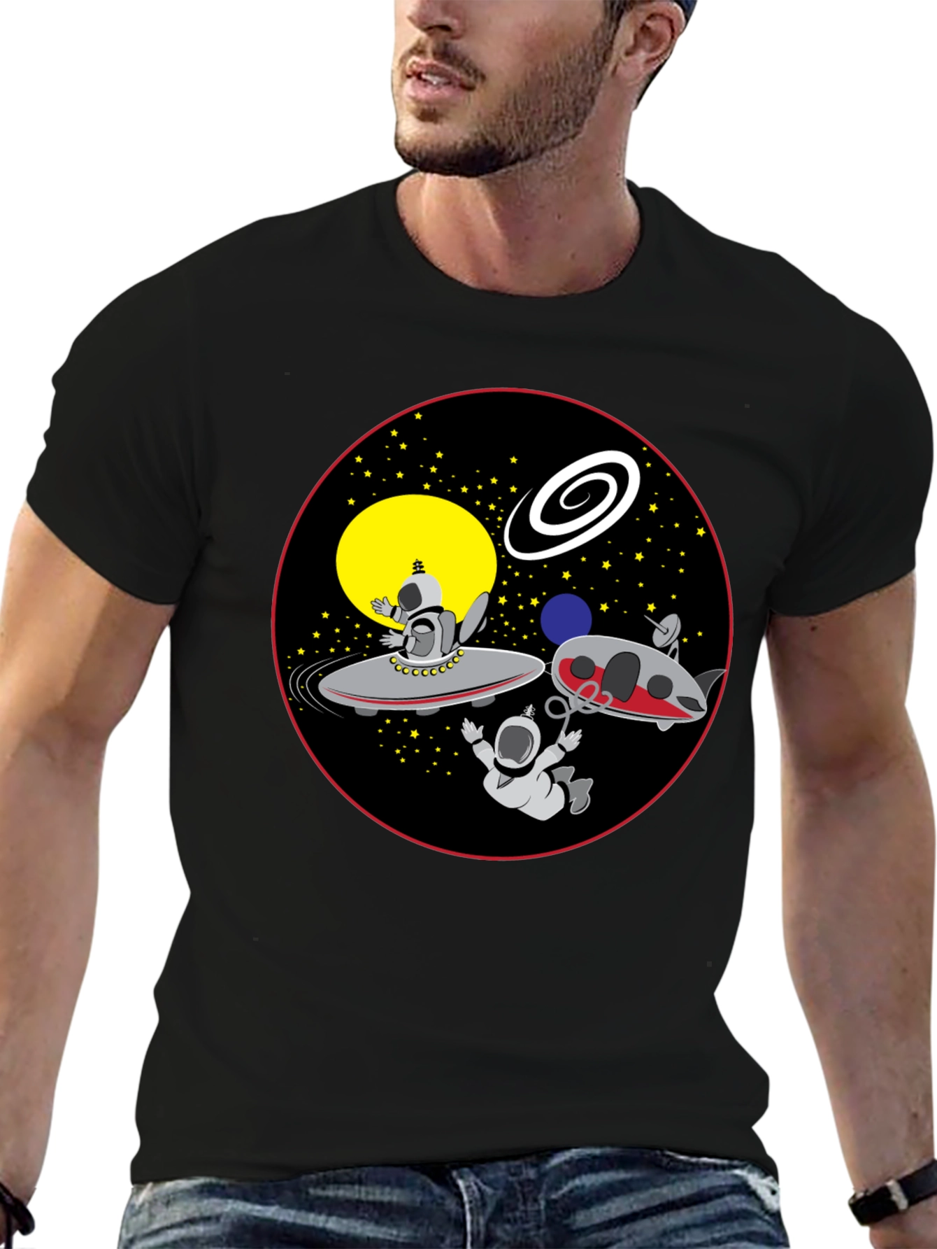 Space Cartoon Graphic Tee - Black Cotton Shirt