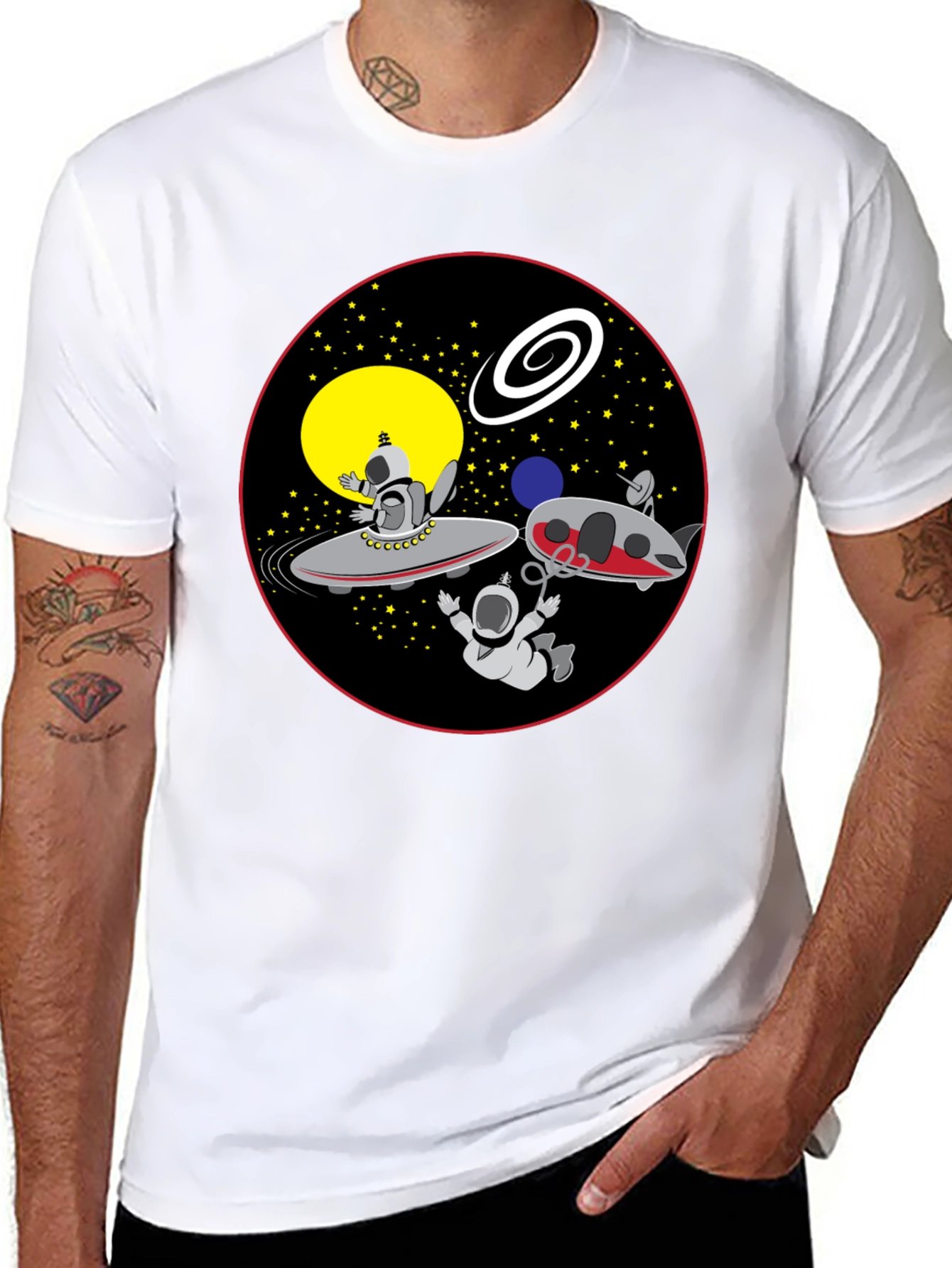 Space Cartoon Graphic Tee - Black Cotton Shirt