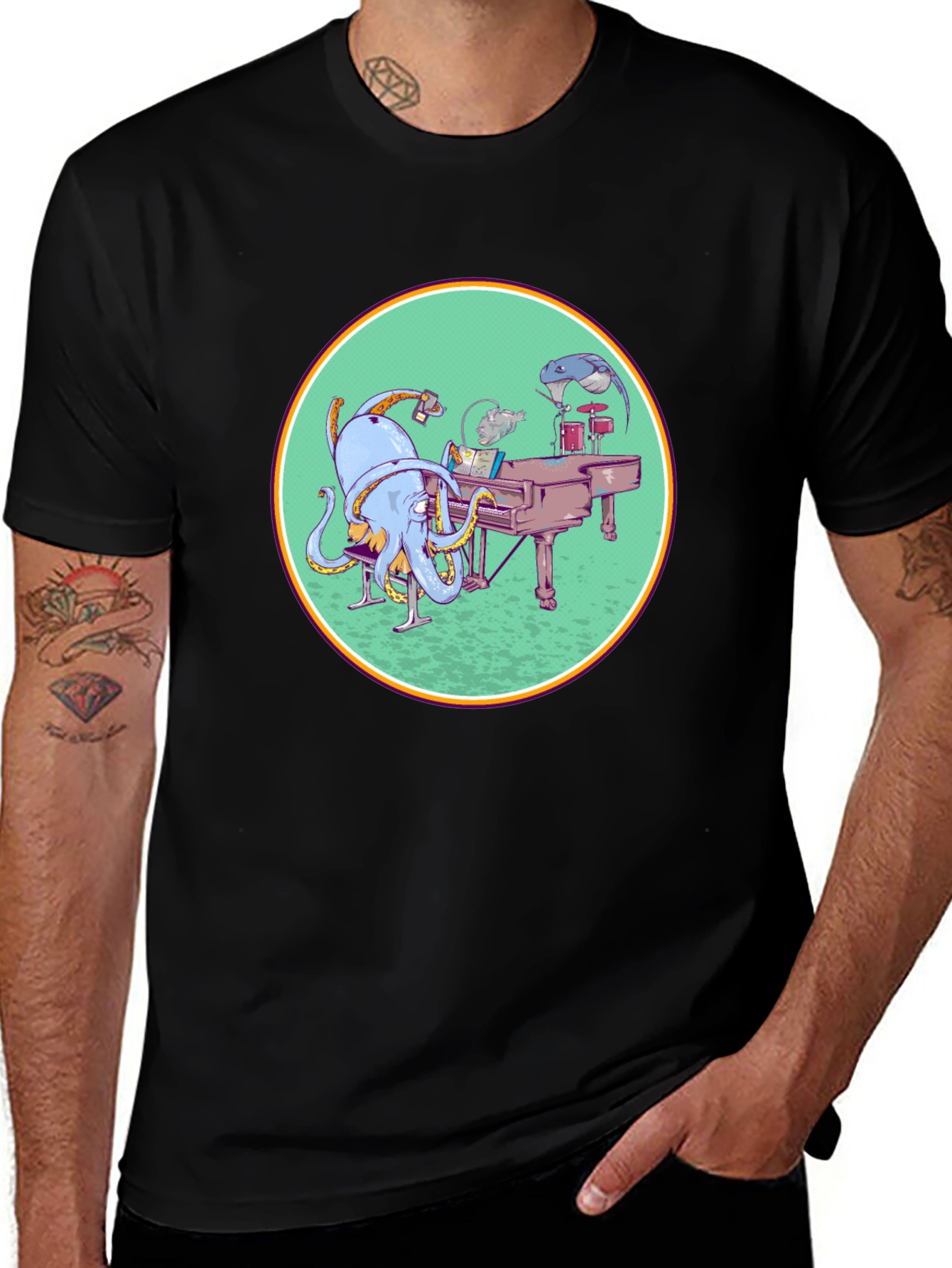 Octopus Musician Graphic Tee - Cool Black T-Shirt
