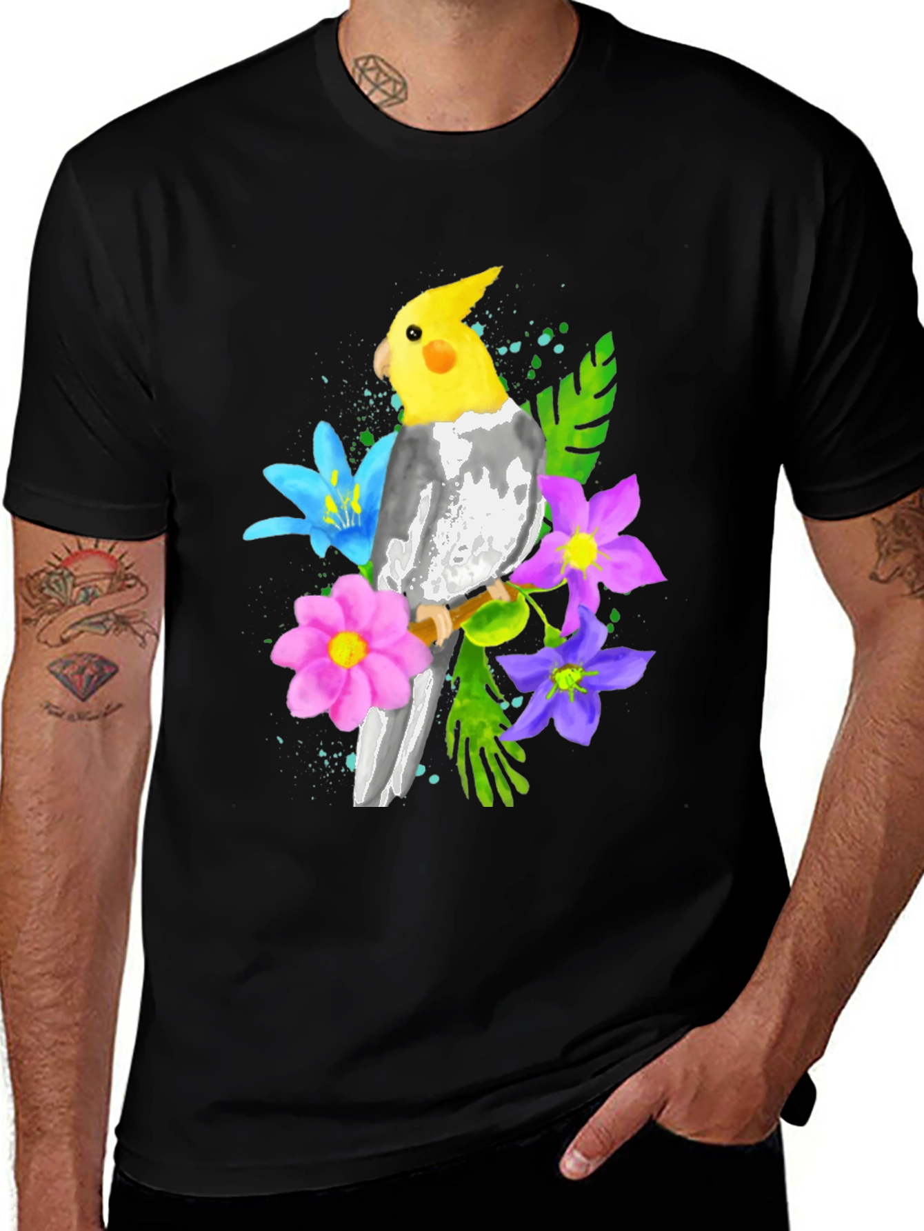 Cockatiel and Flowers Graphic T-Shirt