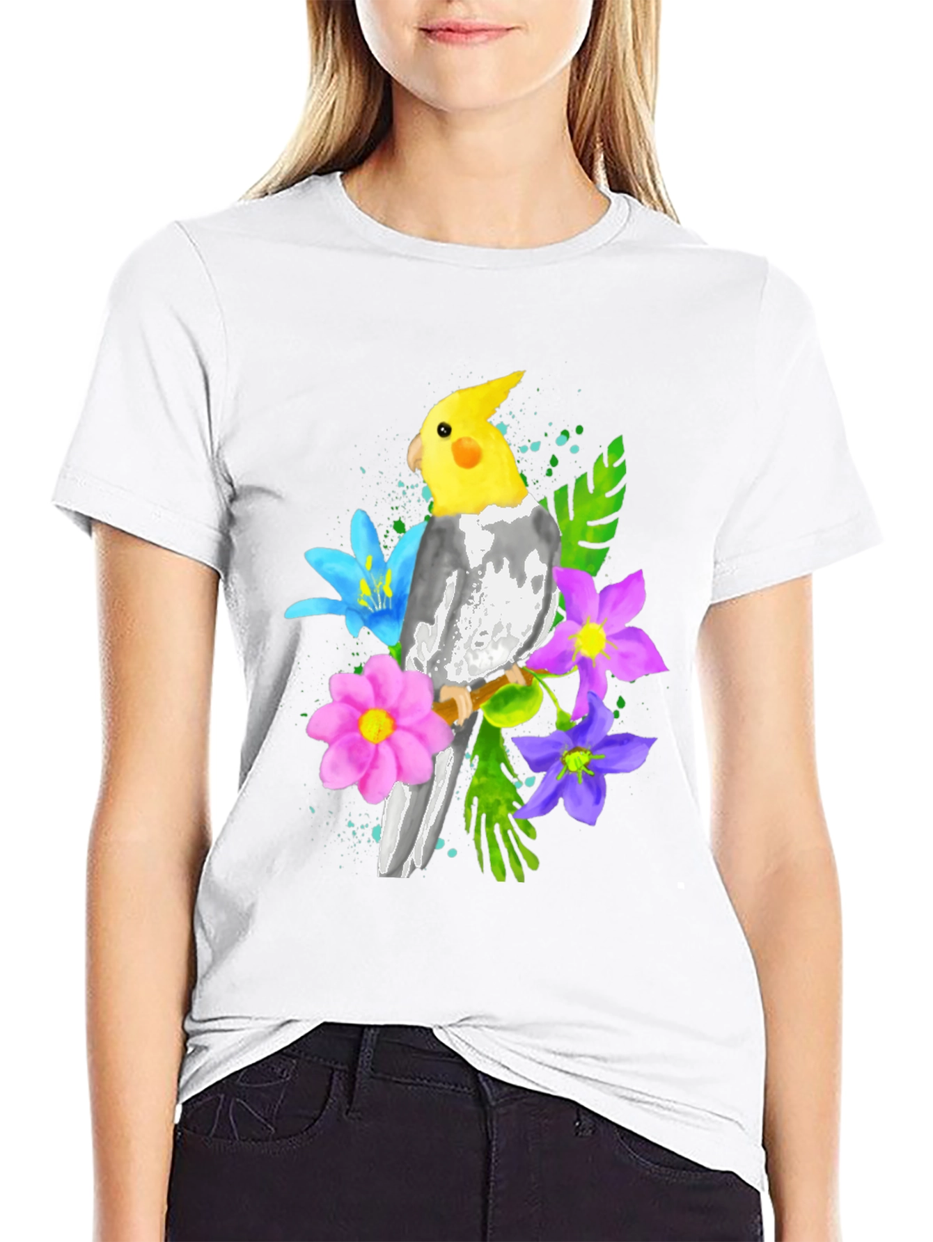 Cockatiel and Flowers Graphic T-Shirt