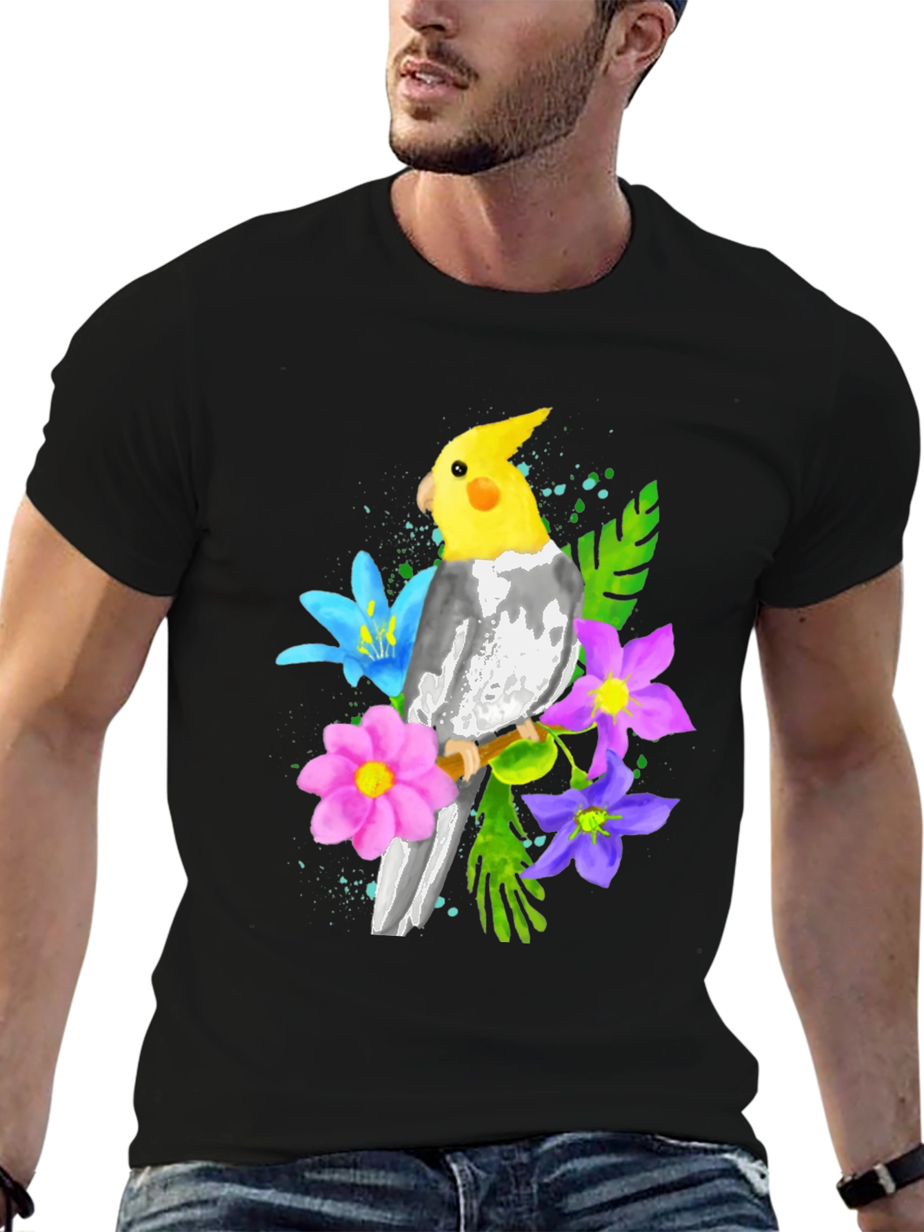 Cockatiel and Flowers Graphic T-Shirt